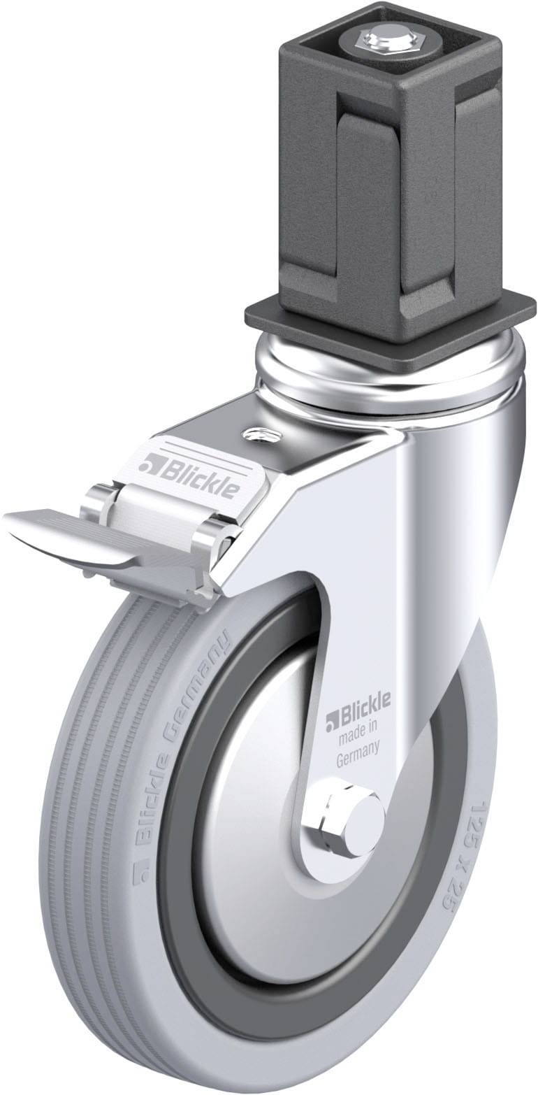 Industrie-Lenkrolle aus Metall mit grauem Gummireifen. Rechteckige Befestigung und seitlicher Stopper zur Drehblockade.