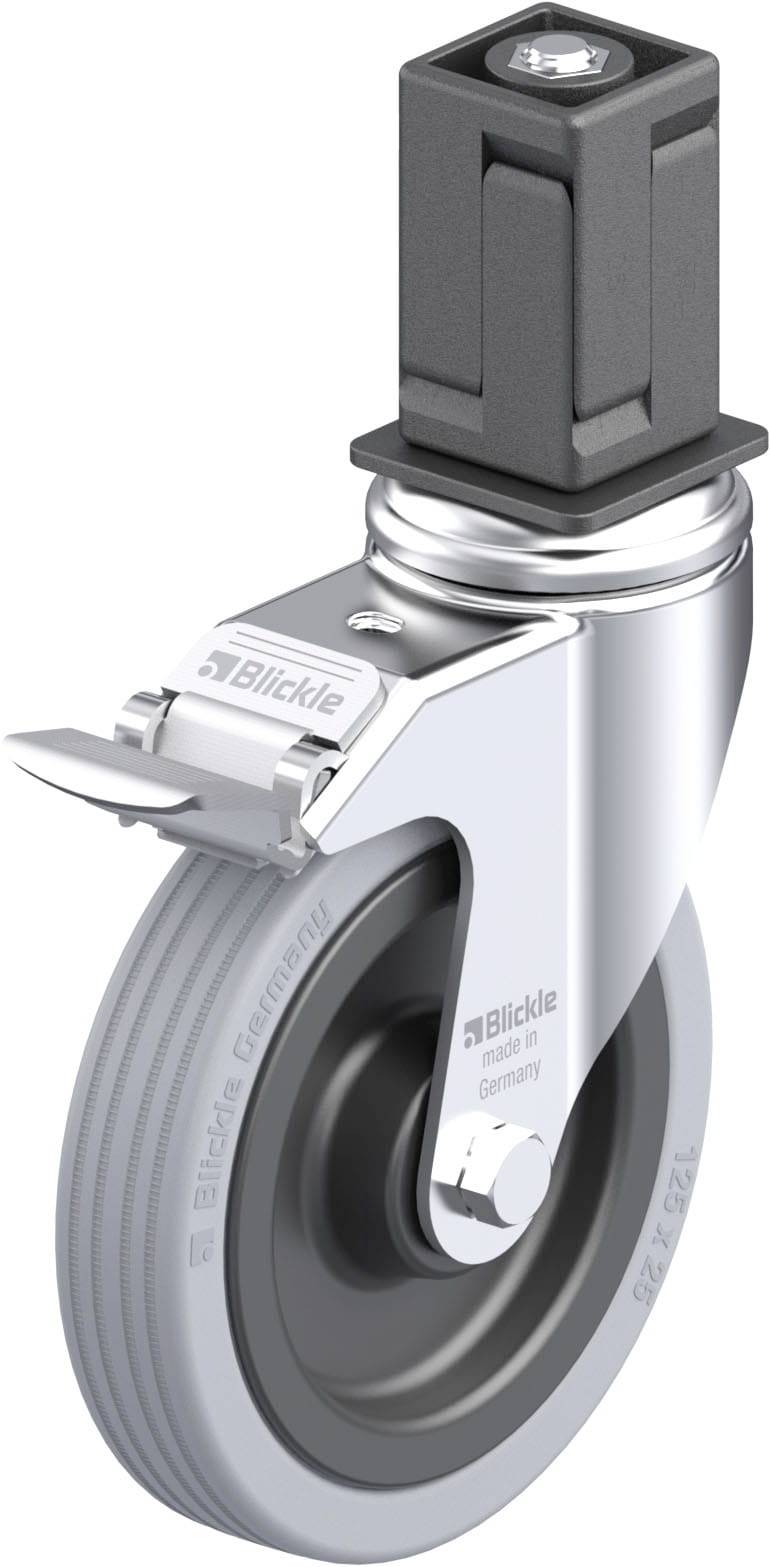 Schwenkrolle mit grauem Rad und silbernem Gehäuse. Oben ein schwarzes Befestigungsstück. Geeignet für industrielle Anwendungen.