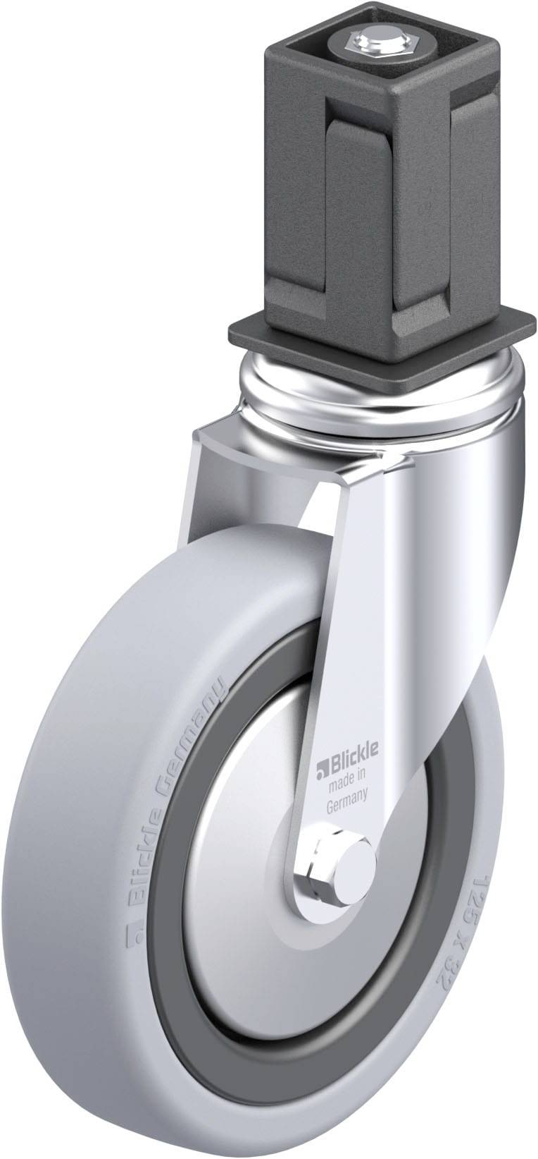 Grau-schwarzes Laufrollenrad mit drehbarer Halterung, geeignet für Transportwagen oder Möbel. Kunststoff- und Metallelemente sichtbar.