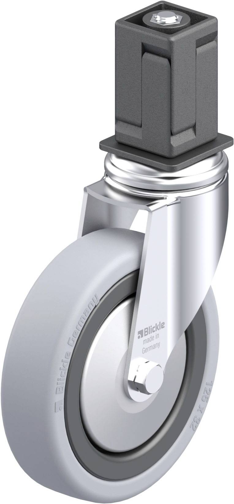 Industrie-Schwenkrolle mit grauem Gummirad und silbernem Metallgehäuse, geeignet für rollbare Gegenstände und Möbel.