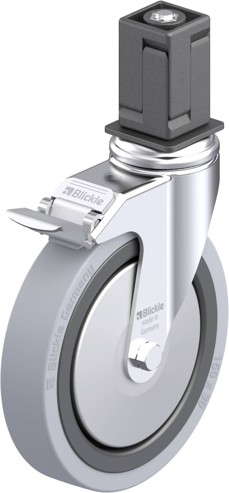 Silbernes Transport-Rad mit grauem Reifen und Bremse. Es hat eine robuste, quadratische Befestigung oben. Markenname 'Blickle' sichtbar.