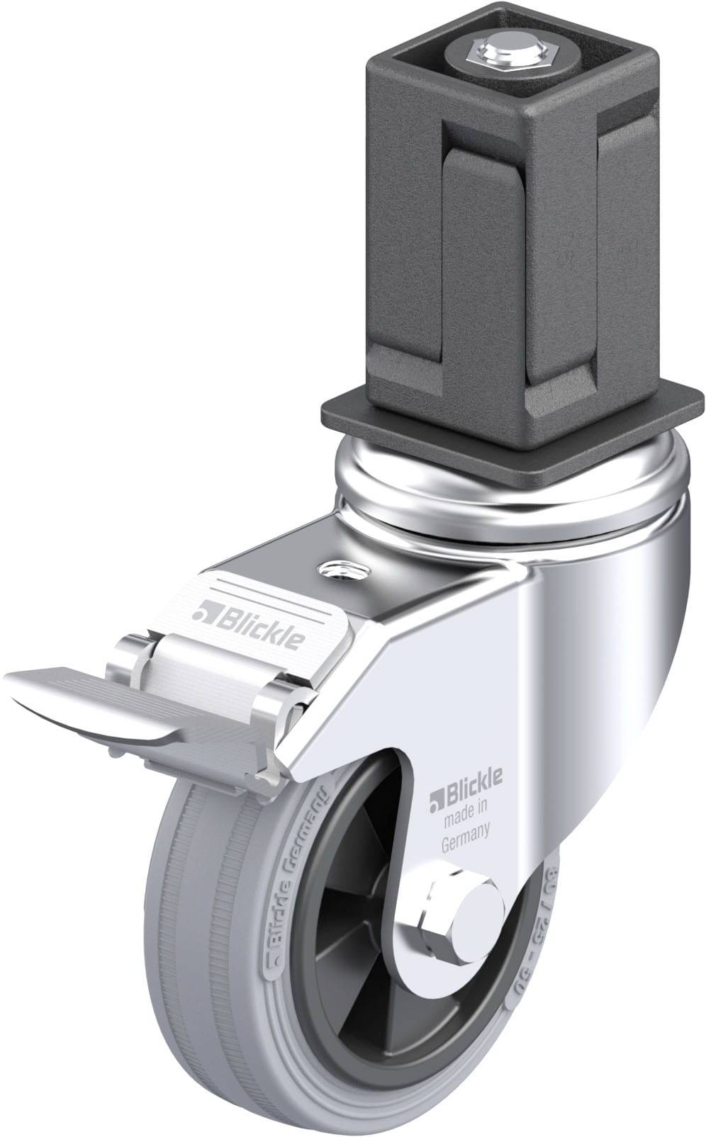 Schwenkrolle mit Feststeller, graues Rad, silbernes Gehäuse, rechteckige schwarze Befestigung oben. Markenlogo 'Blickle' sichtbar.
