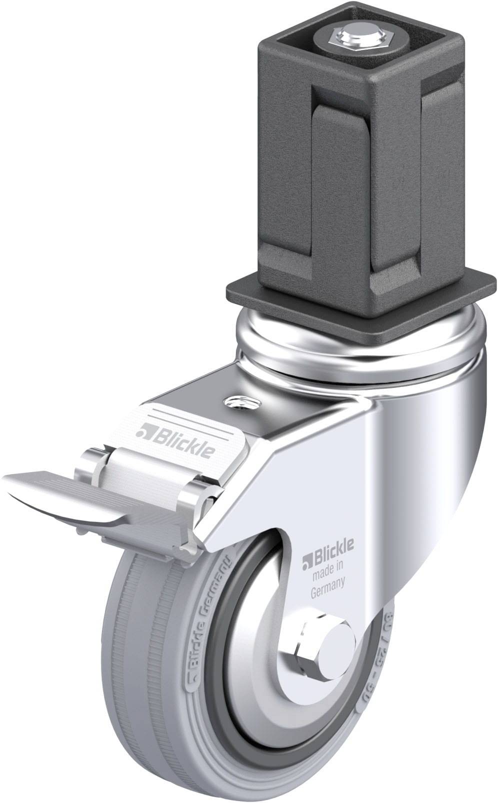 Schwenkrolle mit Gehäuse und Bremse, aus metallischem Material, für industrielle Anwendungen geeignet.