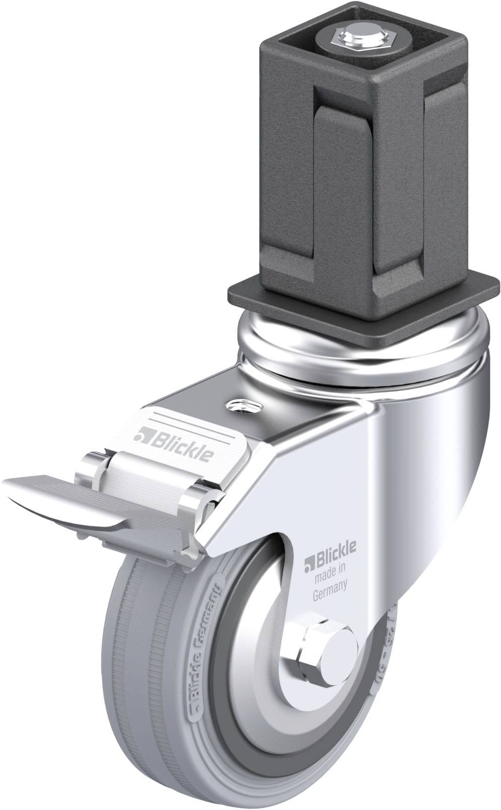 Rolle aus Metall mit grauem Rad und einem schwarzen quadratischen Befestigungsaufsatz; geeignet für Möbel oder Industrieausrüstungen.