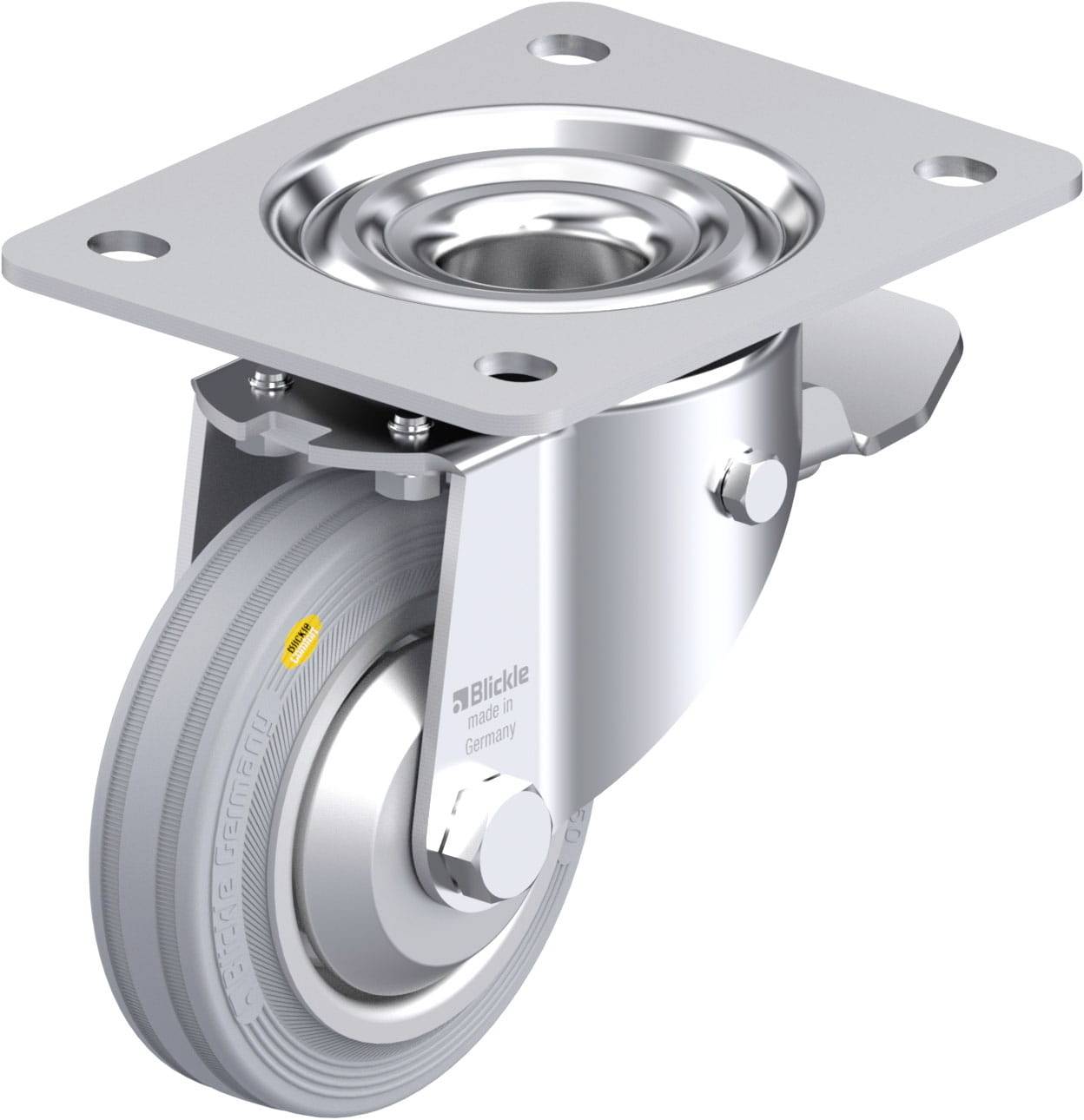 Einzelnes Schwenk-Rollenrad aus Metall mit grauem Gummireifen, montierbar auf Möbel oder Transportgeräte.