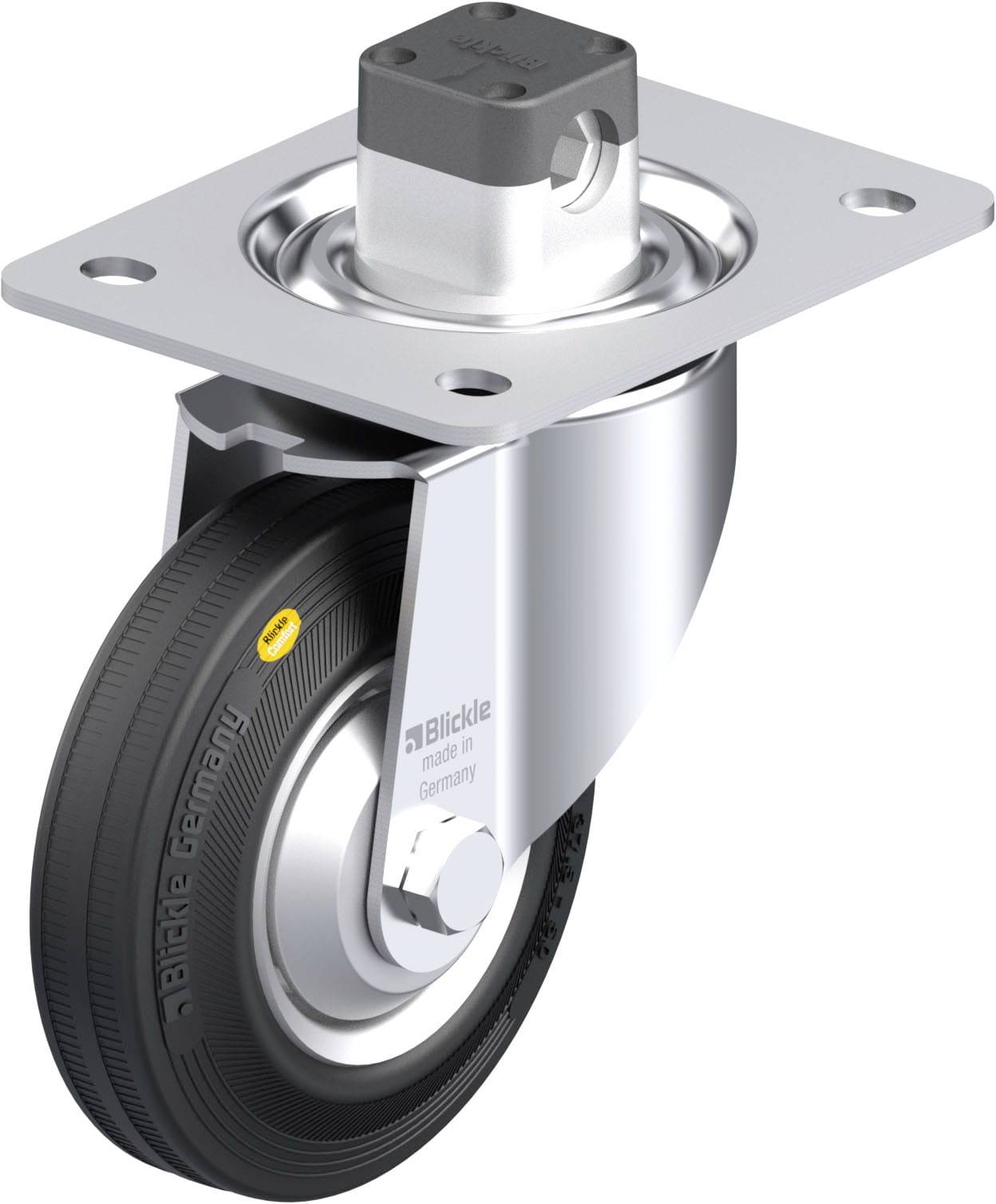 Industrie-Schwenkrolle mit schwarzem Gummirad, Metallgehäuse und Befestigungsplatte. Marke 'Blickle', 'Made in Germany'.