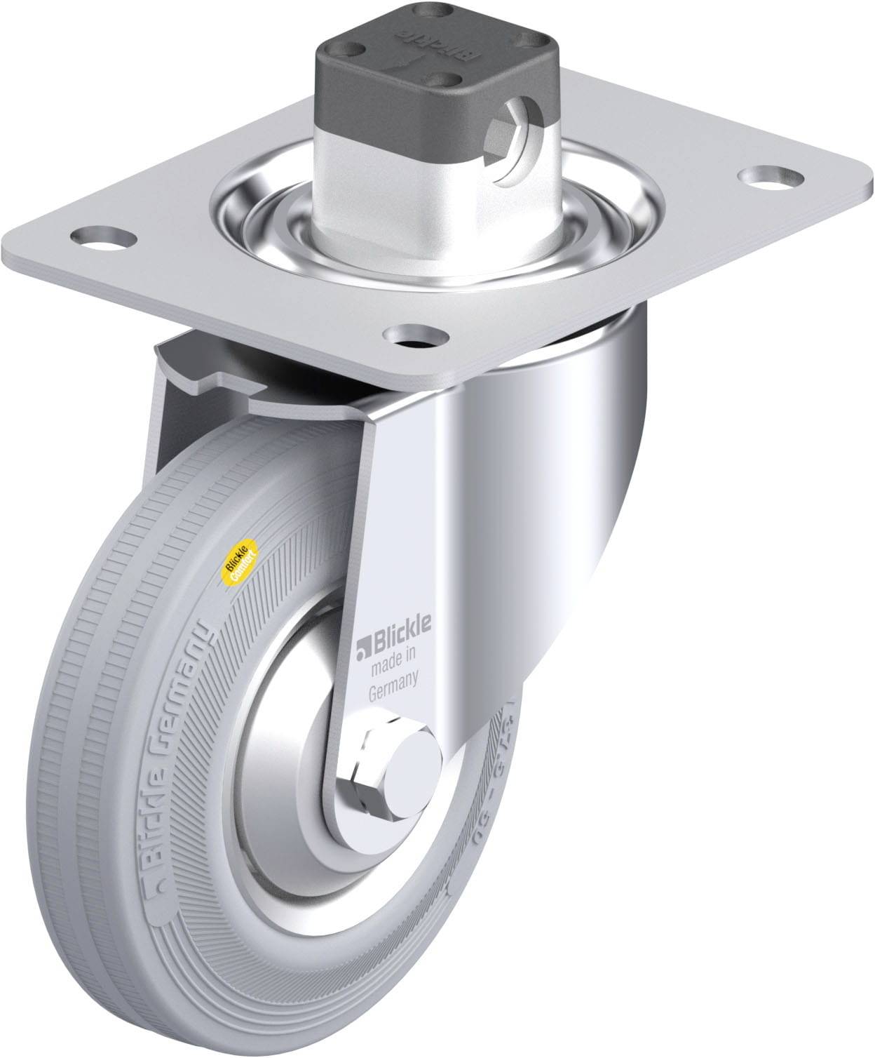Schwerlast-Lenkrolle aus Metall mit grauem Rad und Montageplatte, geeignet für industrielle Anwendungen. Beschriftung: 'Blickle made in Germany'.