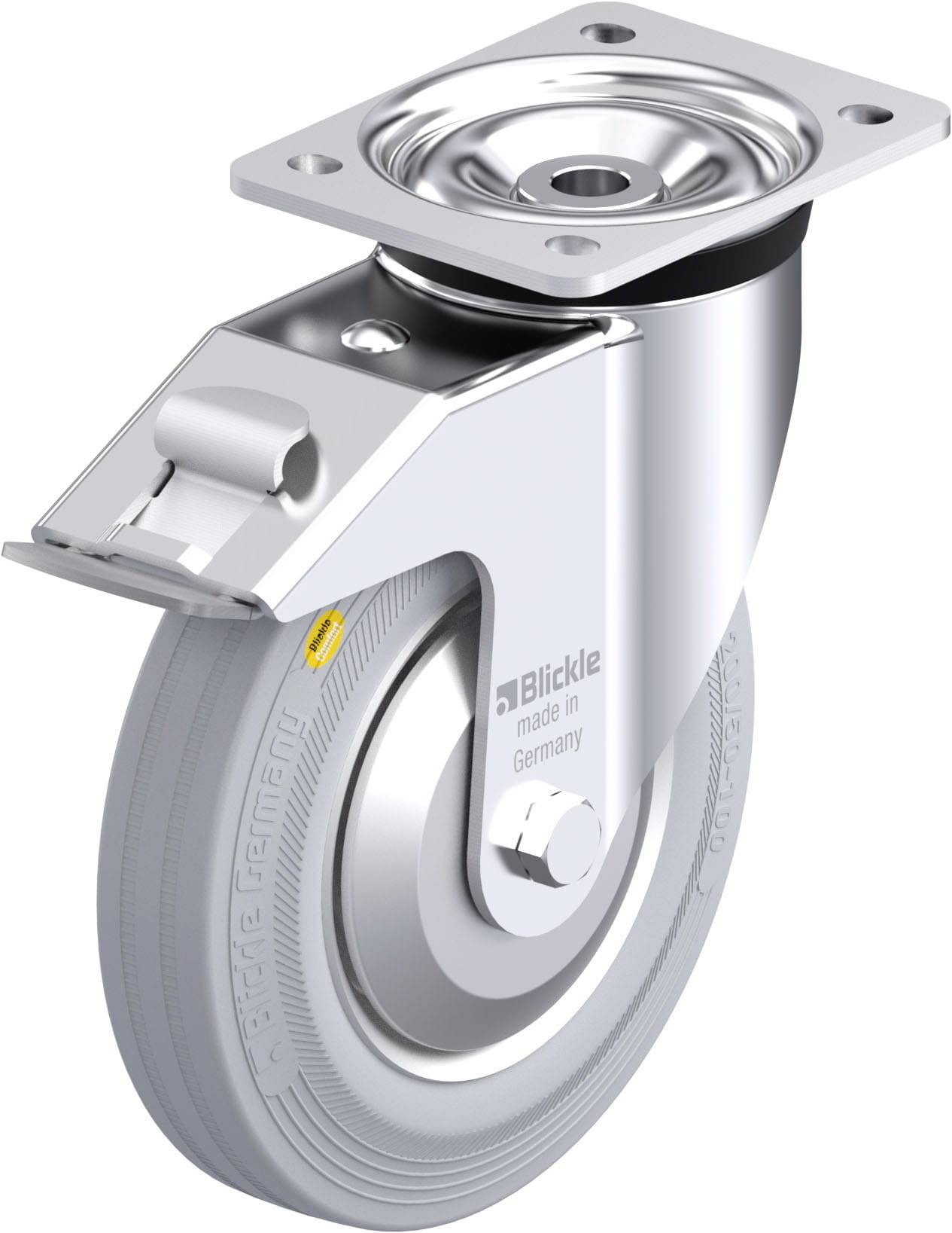 Metallisches Lenkrolle mit grauem Gummirad, markiert 'Blickle made in Germany', zeigt industrielles Design und Funktionalität.