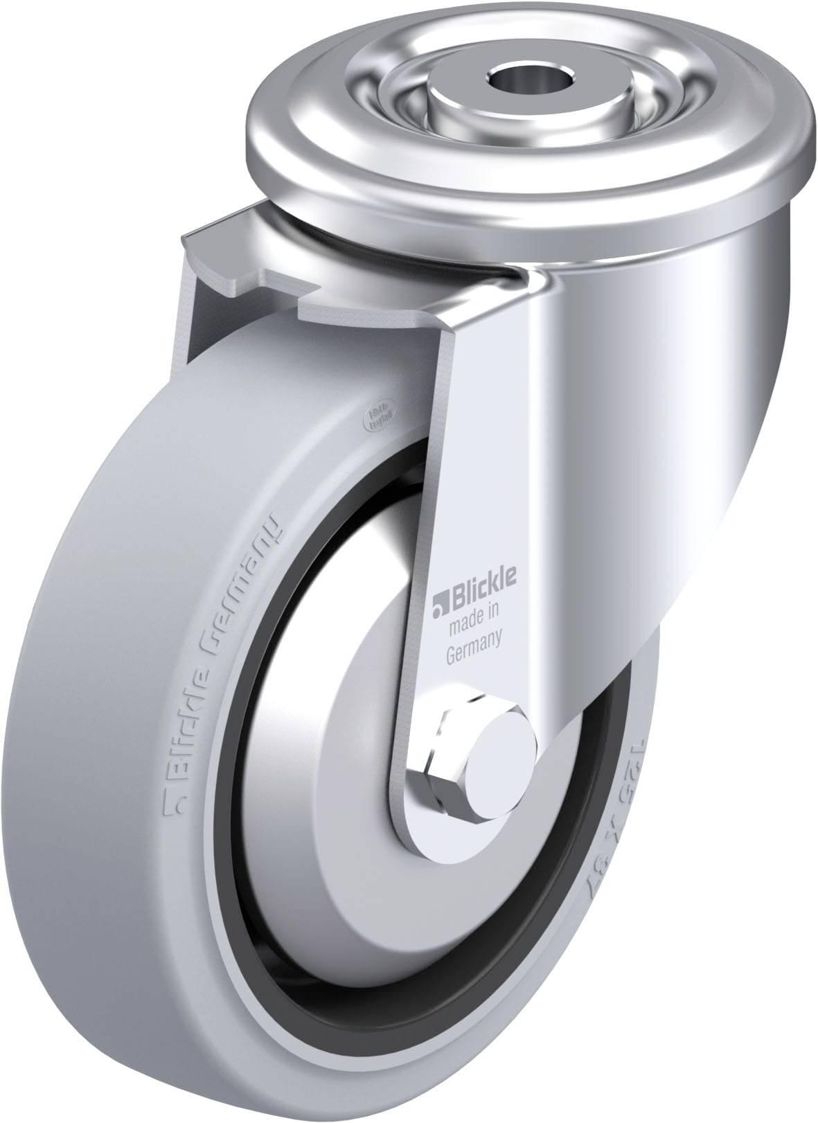 Blickle Rad aus Edelstahl mit grauer Gummilauffläche und Halterung. Markenname und Herkunft aufgedruckt: made in Germany.