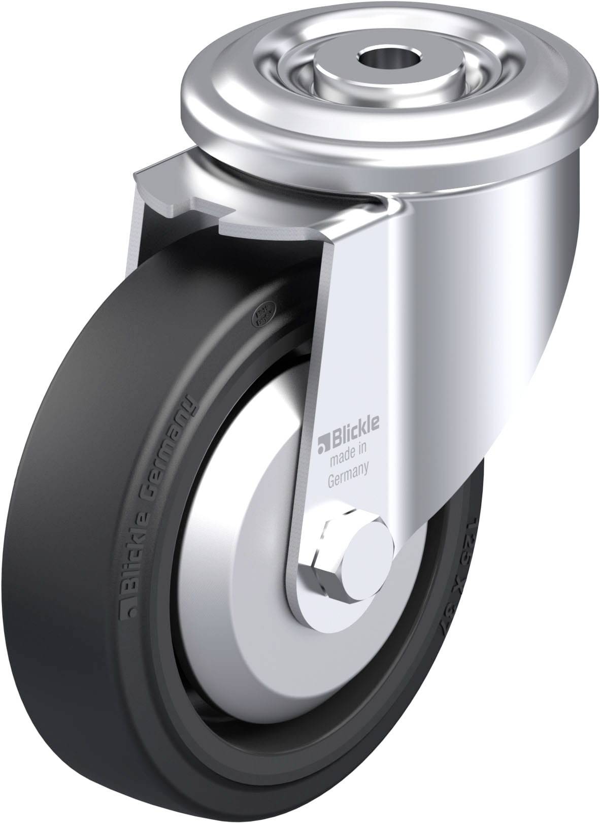 Rolle aus Metall und schwarzem Gummi, geeignet für schwere Lasten. Silberne Halterung, robustes Design, Text 'Blickle made in Germany'.