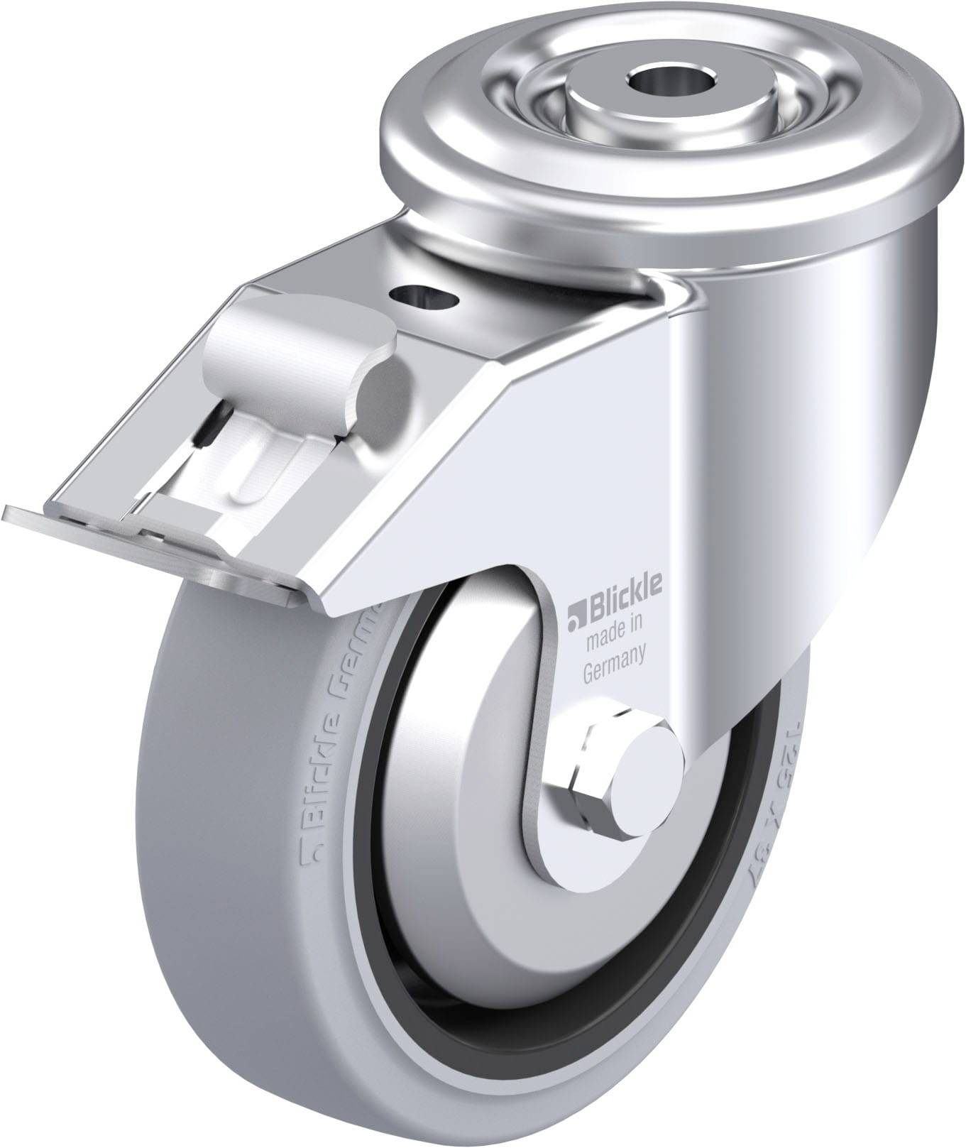 Rolle aus Metall mit drehbarer Befestigung, geeignet für Möbel oder Geräte. Hochwertige Verarbeitung, Aufschrift 'Blickle Made in Germany'.