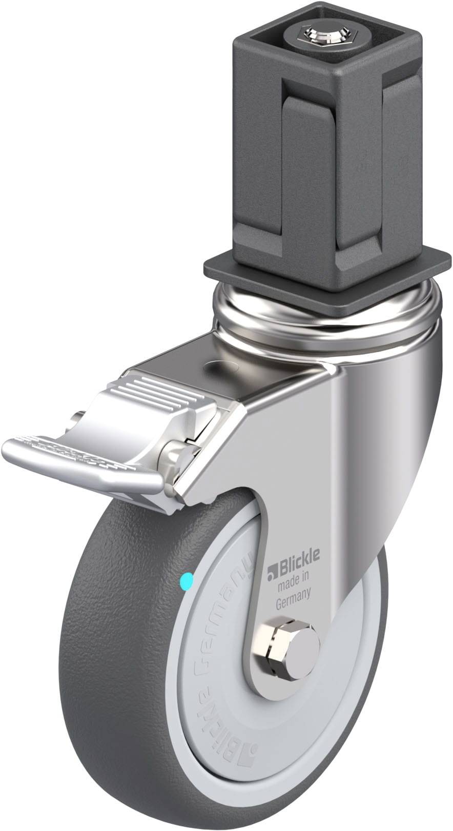 Grau-schwarzes multidirektionales Schwenkrad mit robustem Gehäuse, geeignet für industrielle Anwendungen.