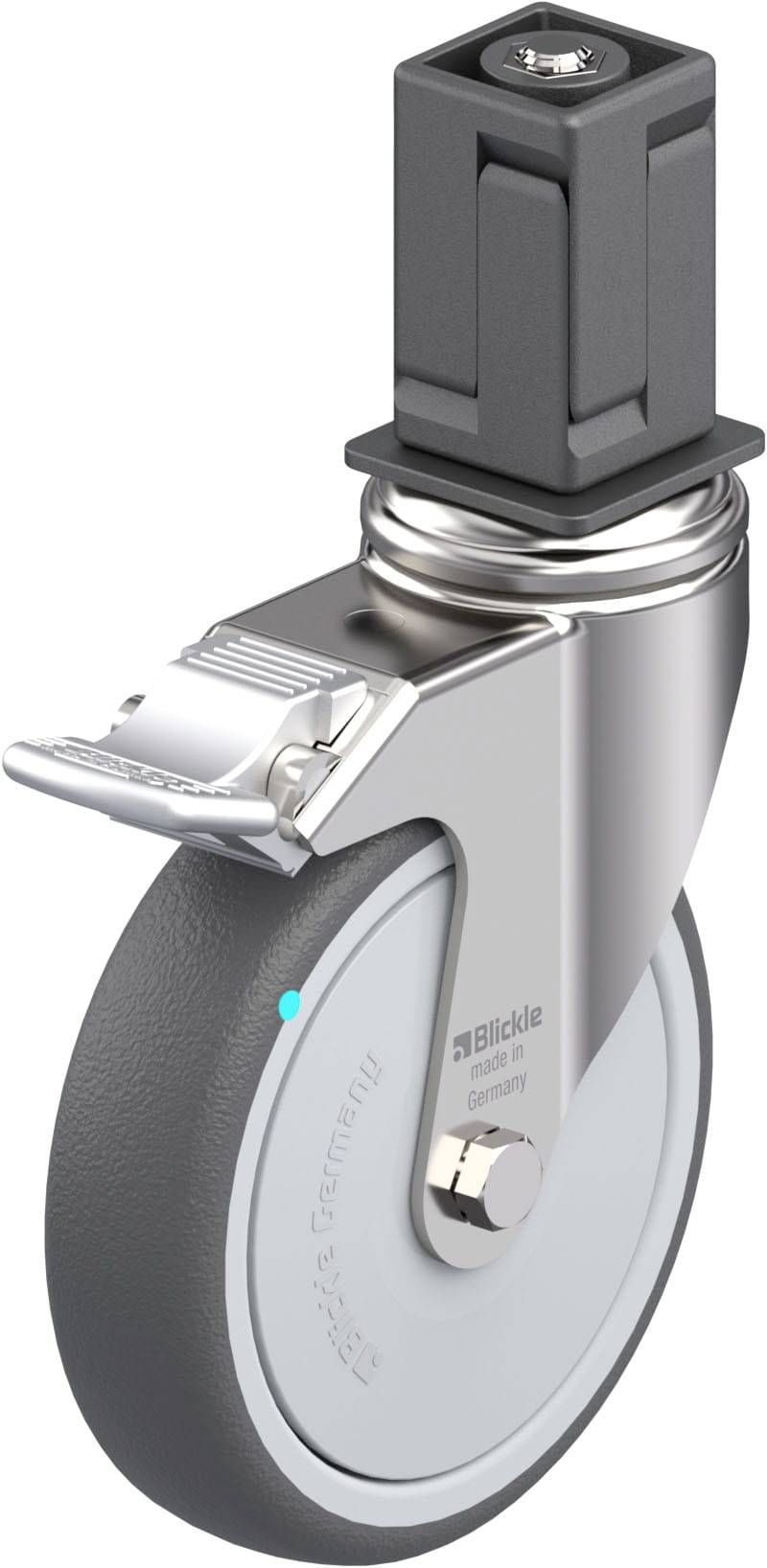 Ein graues Lenkrad mit Bremse, geeignet zur Befestigung an Möbeln oder Geräten. Markenlogo 'Blickle'.
