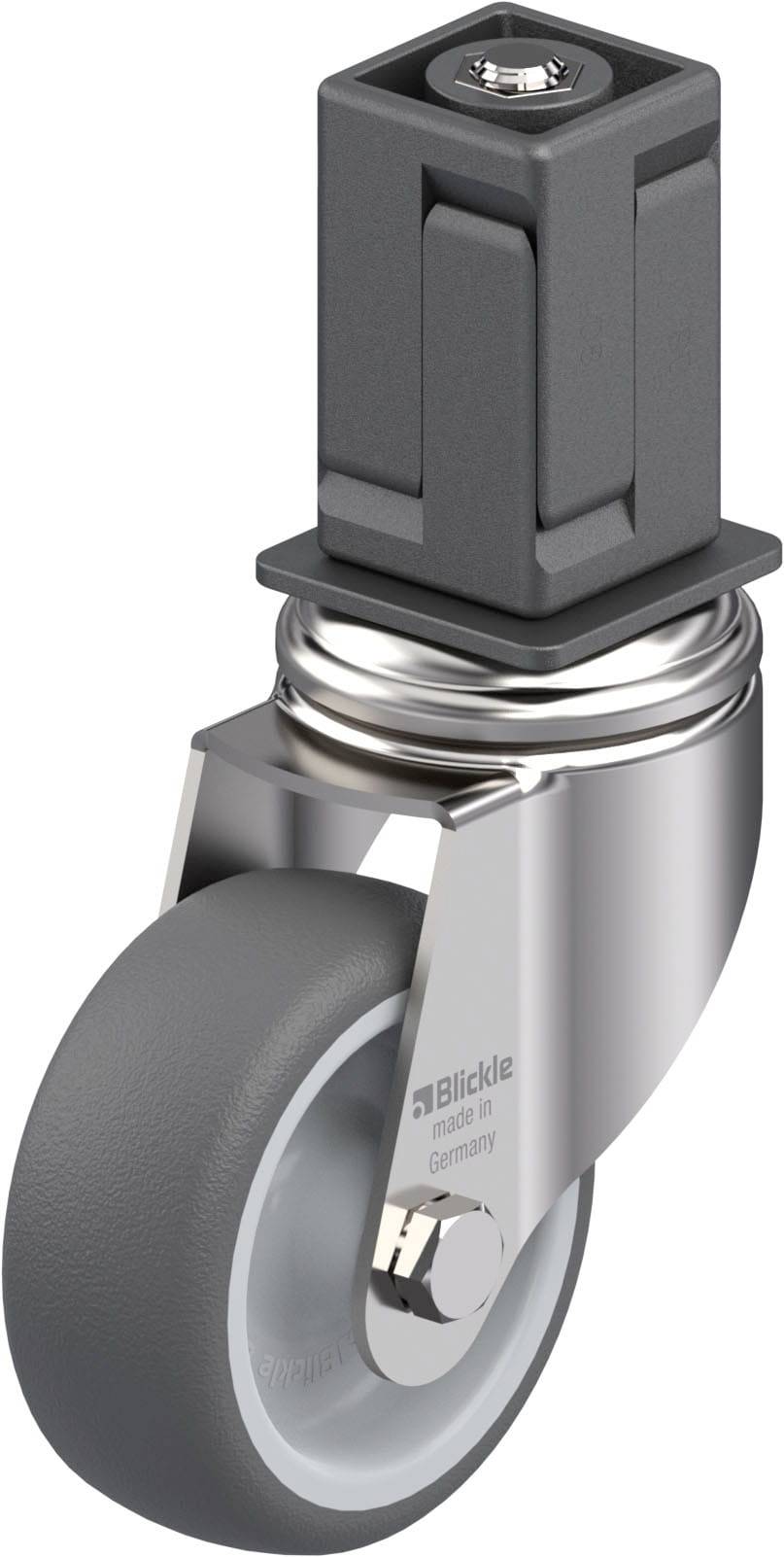 Schwenkrolle mit grauem, gummiertem Rad und einer silbernen Halterung. An der Halterung steht 'Blickle'.