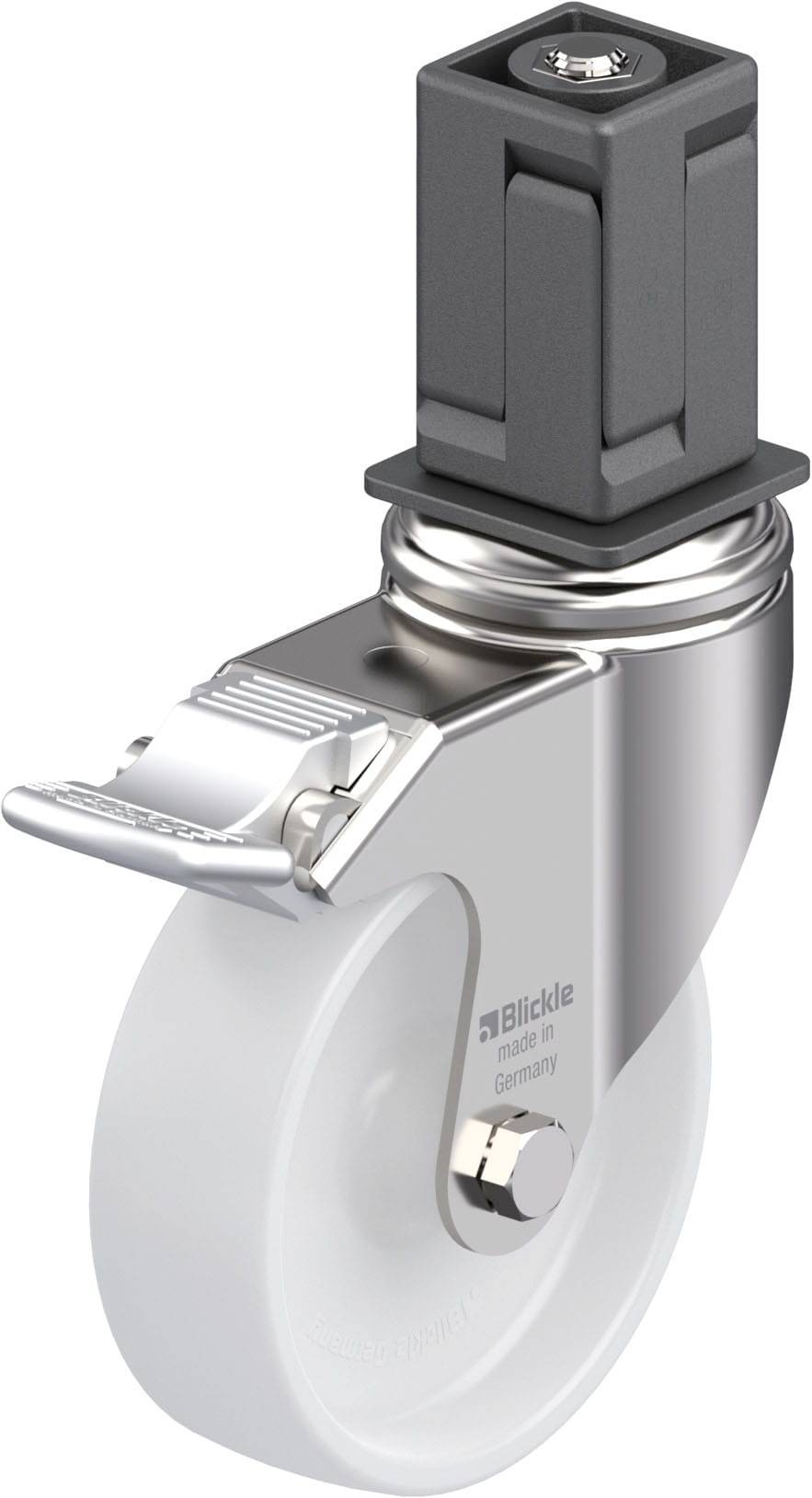 Ein silbernes Schwenkrollensystem mit weißem Rad und schwarzem Gehäuse. Die Rolle ist mit einem 'Blickle' Logo versehen.