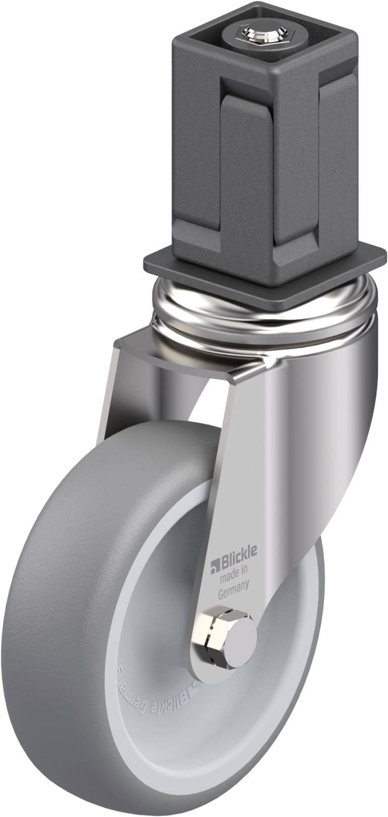 Graue Lenkrolle mit rechteckiger Montageplatte, Metallgabel und schlichtem Design, geeignet für bewegliche Möbel oder Geräte.