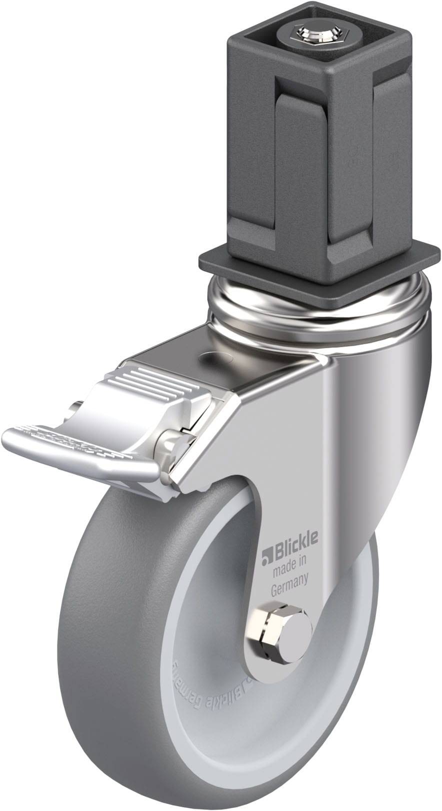 Metall-Rolle mit grauem Rad, Bremse und schwarzer Halterung, produziert von Blickle in Deutschland.