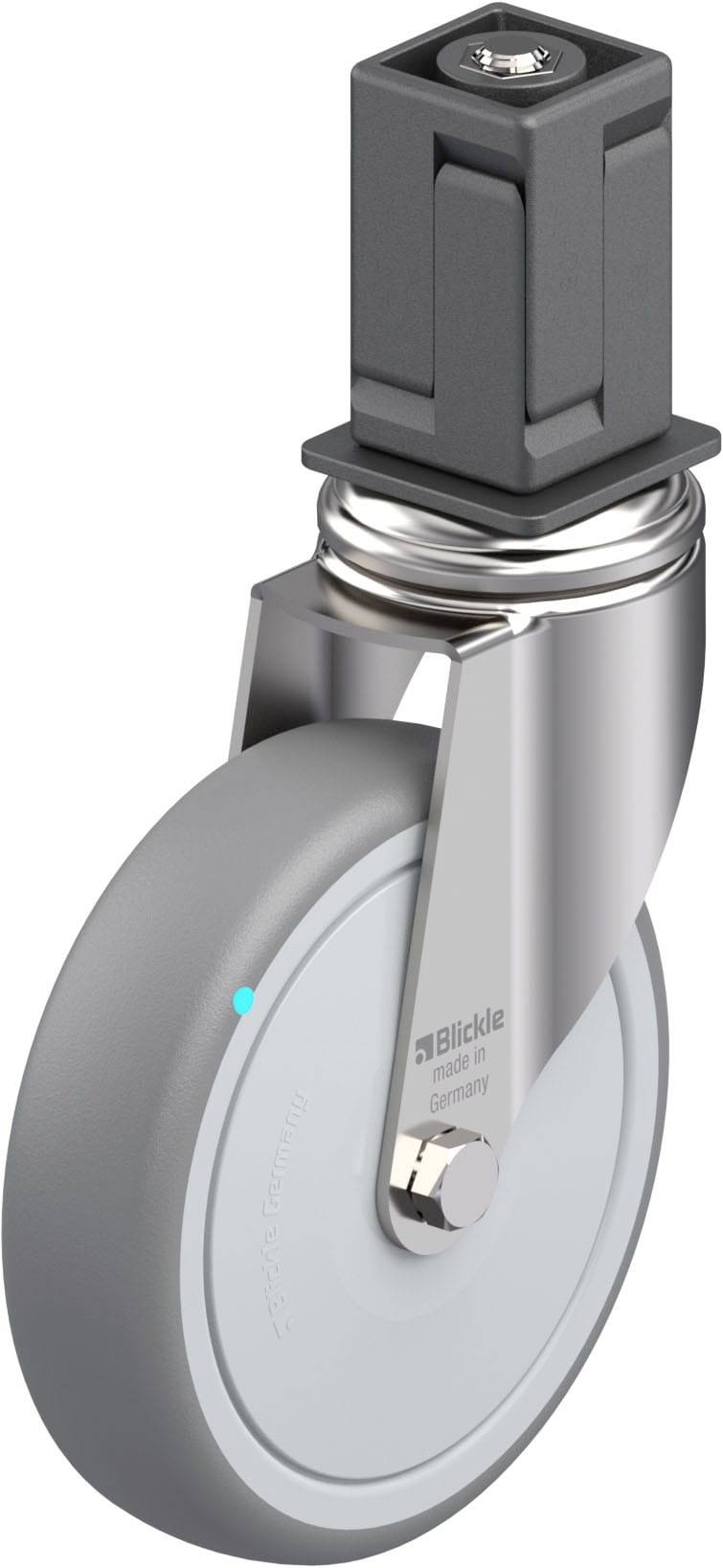 Graue Bockrolle mit quadratischem Befestigungselement, geeignet für den Einsatz in industriellen Anwendungen.