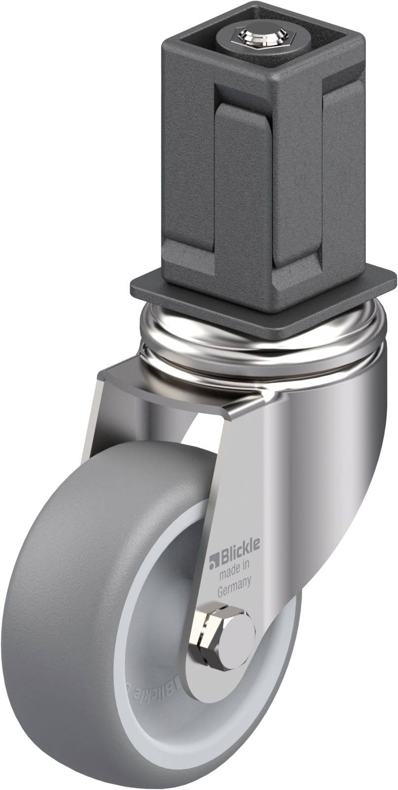 Grau-schwarzes Lenkrolle mit rechteckiger Befestigung, für Möbel oder Geräte, auf weißem Hintergrund.