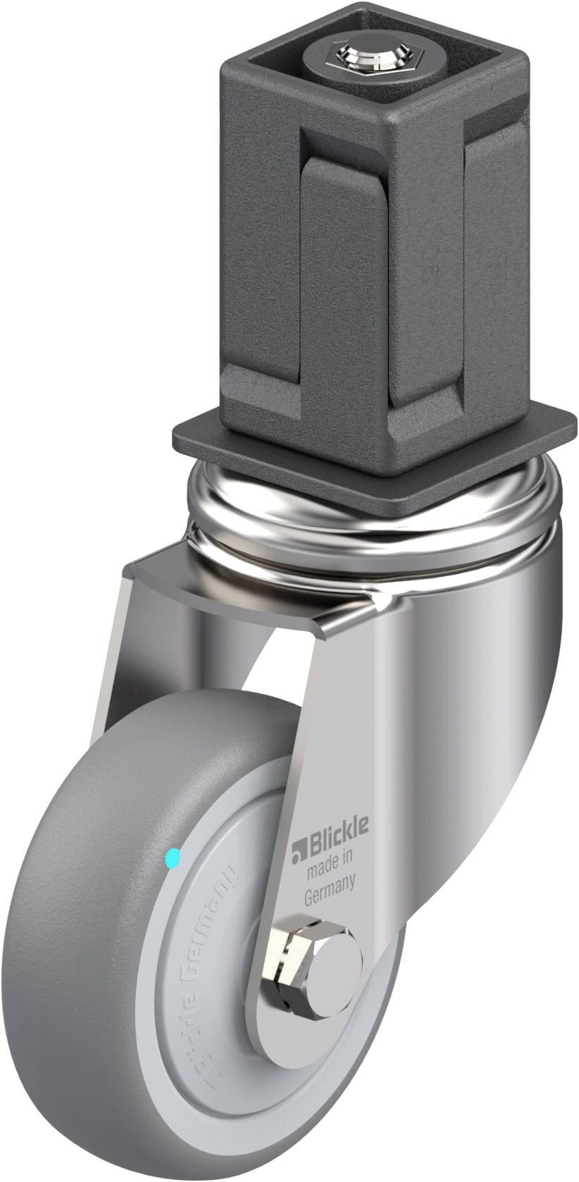 Graue Lenkrolle mit rechteckiger Befestigung und grauem Rad. Der Name 'Blickle' und 'made in Germany' ist auf der Metallverkleidung sichtbar.