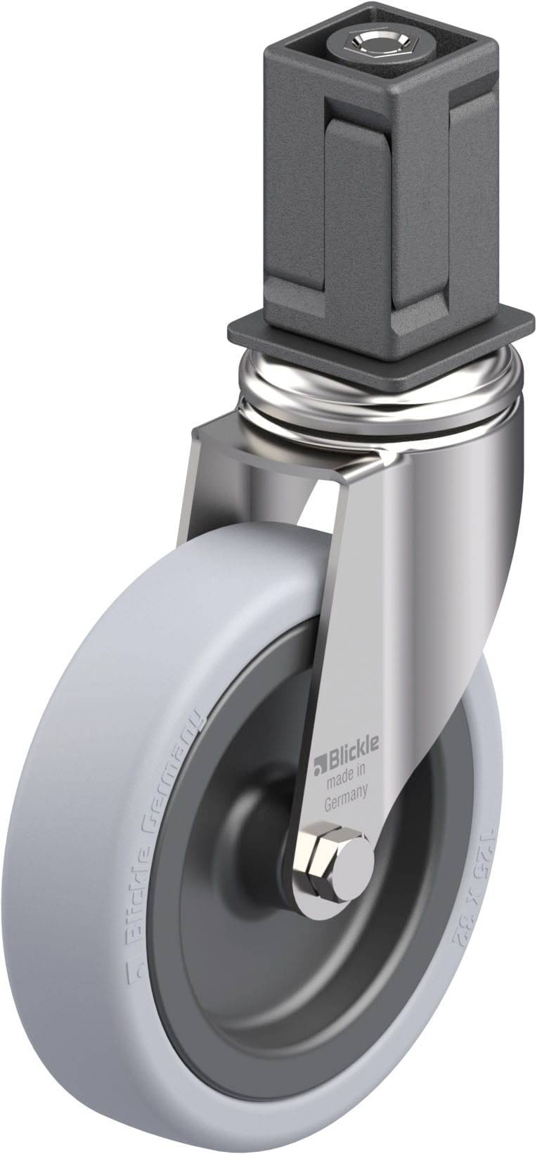 Graue, schwenkbare Rolle mit einem Metallgehäuse und einem schwarzen Befestigungsstück oben, auf weißem Hintergrund.