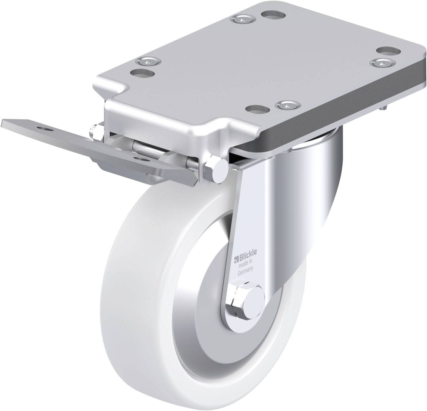 Eine Lenkrolle mit flacher Metallplatte zur Befestigung. Geeignet für den industriellen Einsatz. Klarer Hintergrund.
