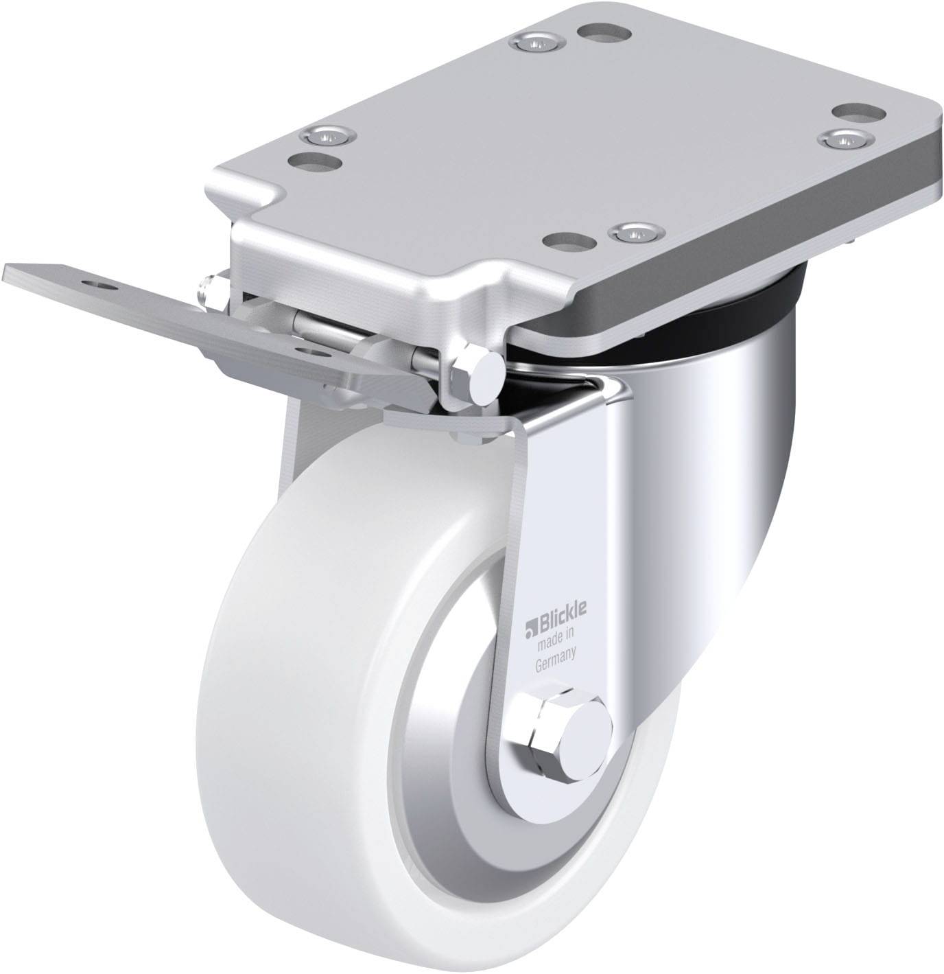 Schwenkrolle aus Metall mit weißem Rad, oben flache Montageplatte, geeignet für Möbel oder Transportgeräte.