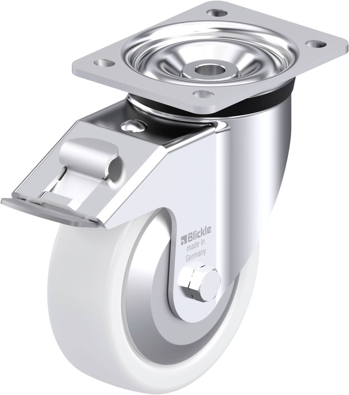 Abgebildet ist eine schwenkbare Möbelrolle aus Metall mit weißem Rad. Sie hat eine rechteckige Montageplatte für Befestigung.