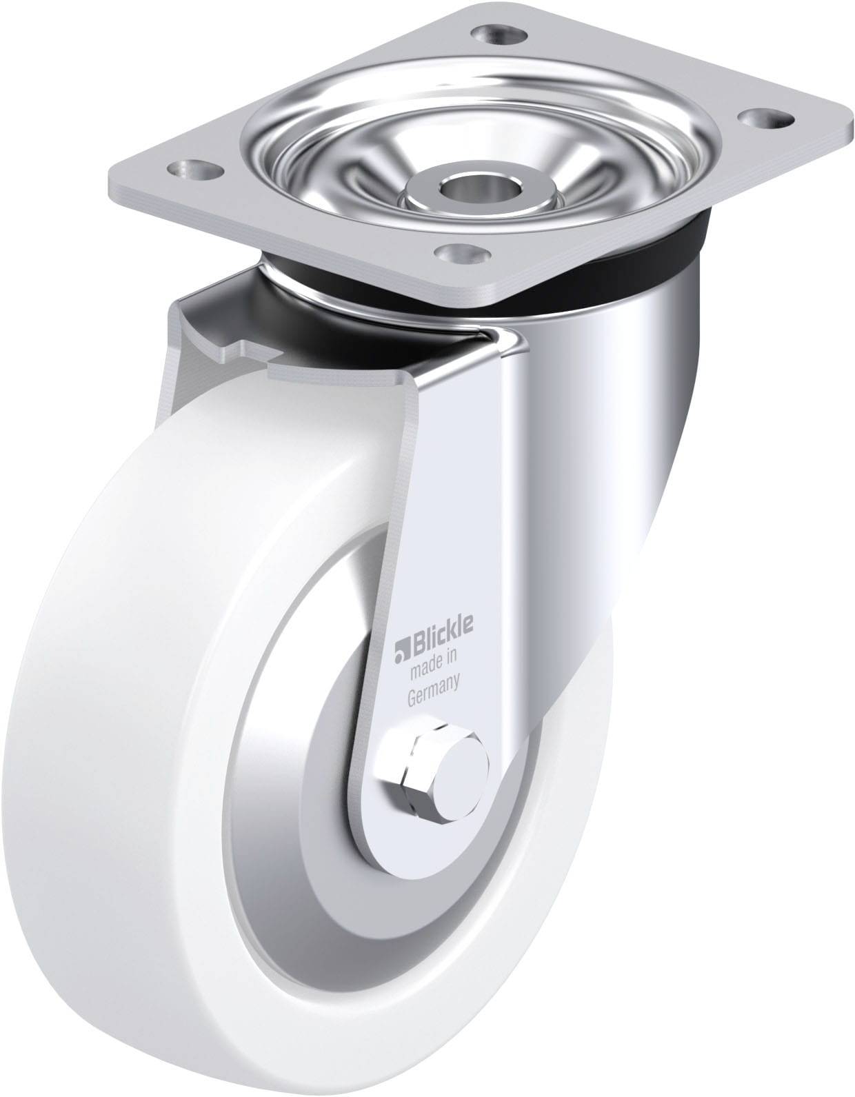 Schwenkrolle aus Metall mit weißem Rad, glänzende Oberfläche, für Apparate oder industrielle Anwendungen. Herstellerlogo sichtbar.