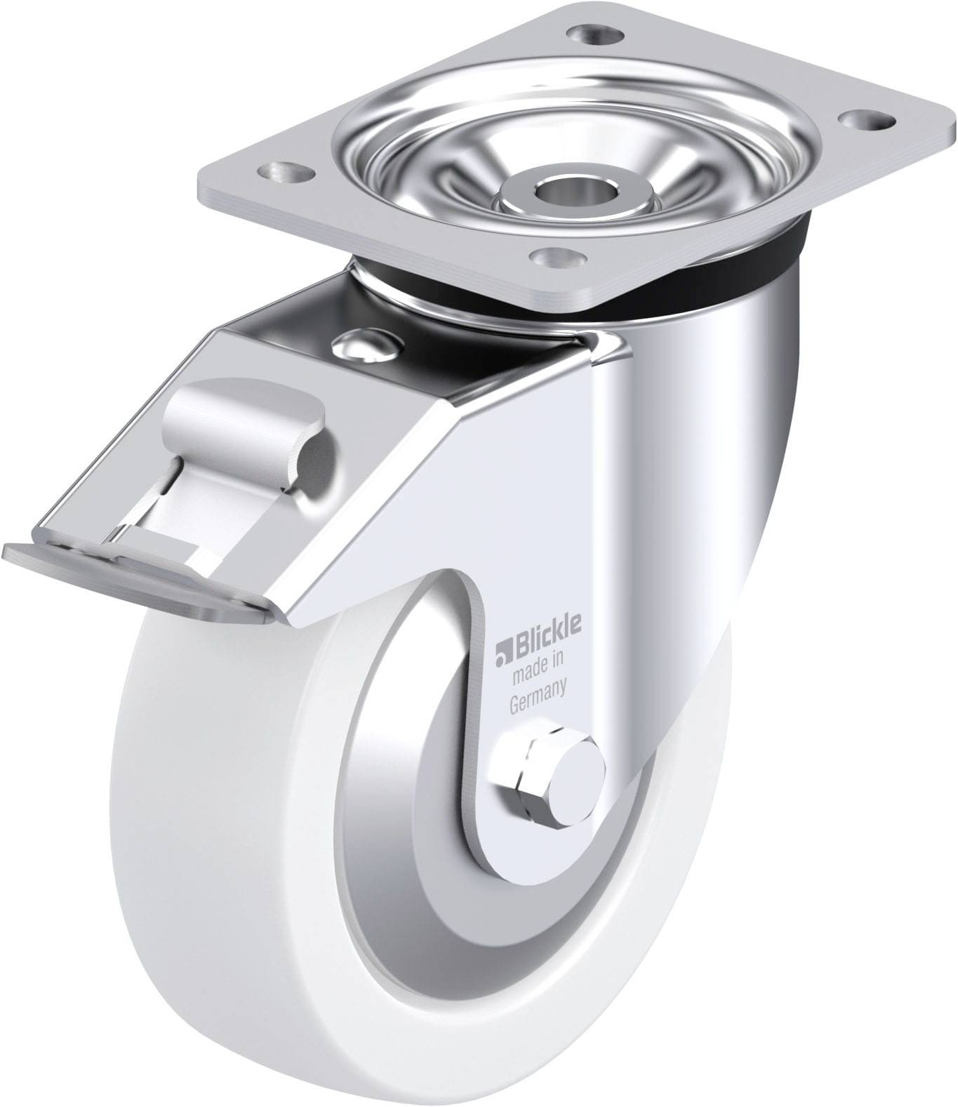 Eine schwenkbare Lenkrolle aus Metall mit weißem Rad und Befestigungsplatte, geeignet für Transportgeräte und Möbel.