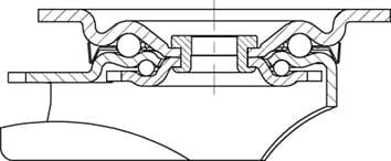 Querschnittszeichnung eines Kugellagers mit zwei Kugelreihen. Detailliert gezeigt sind Innen- und Außenringe sowie Dichtungen.