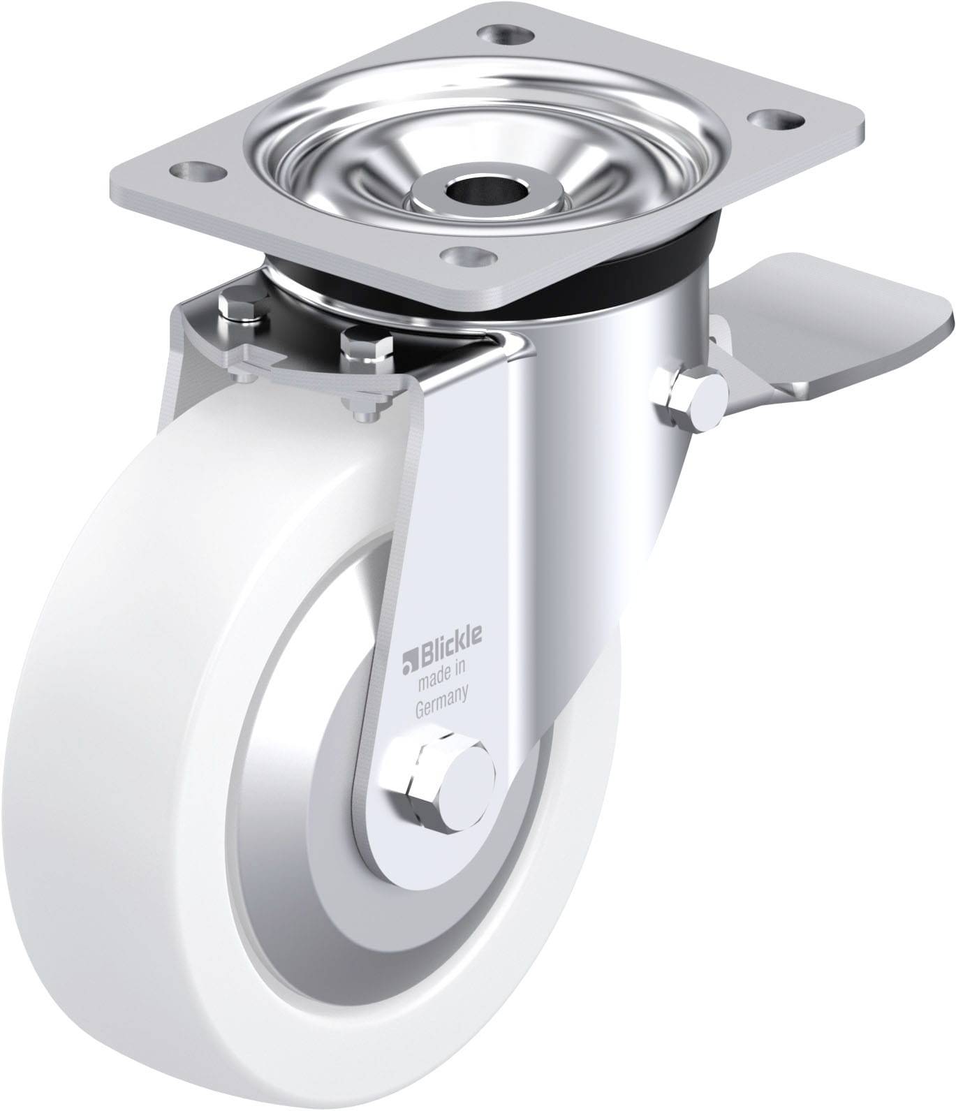 'Schwenkrolle mit weißem Rad und Metallgehäuse, geeignet für industrielle Anwendungen. Markiert mit 