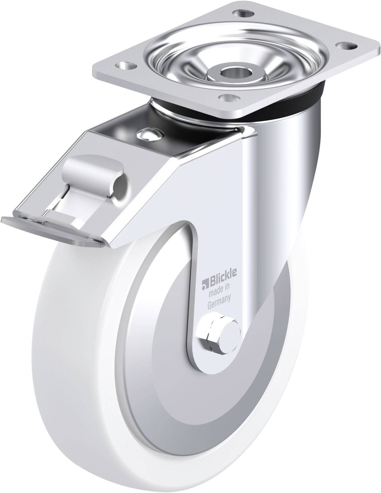 Schwenkrolle mit rechteckiger Metallplatte, silberner Aufhängung und weißem Rad. Geeignet für Möbel oder Geräte mit Bewegungsbedarf.