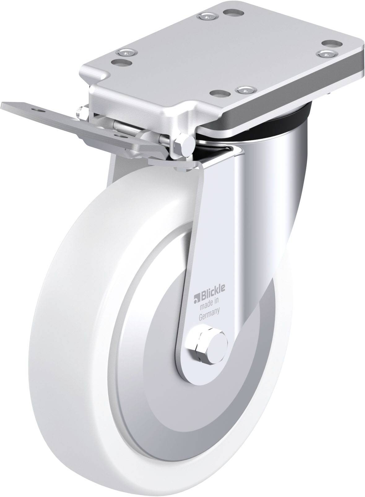 Ein hellgraues Schwenkrad mit Halterung und Befestigungsplatte, geeignet für industrielle Anwendungen.