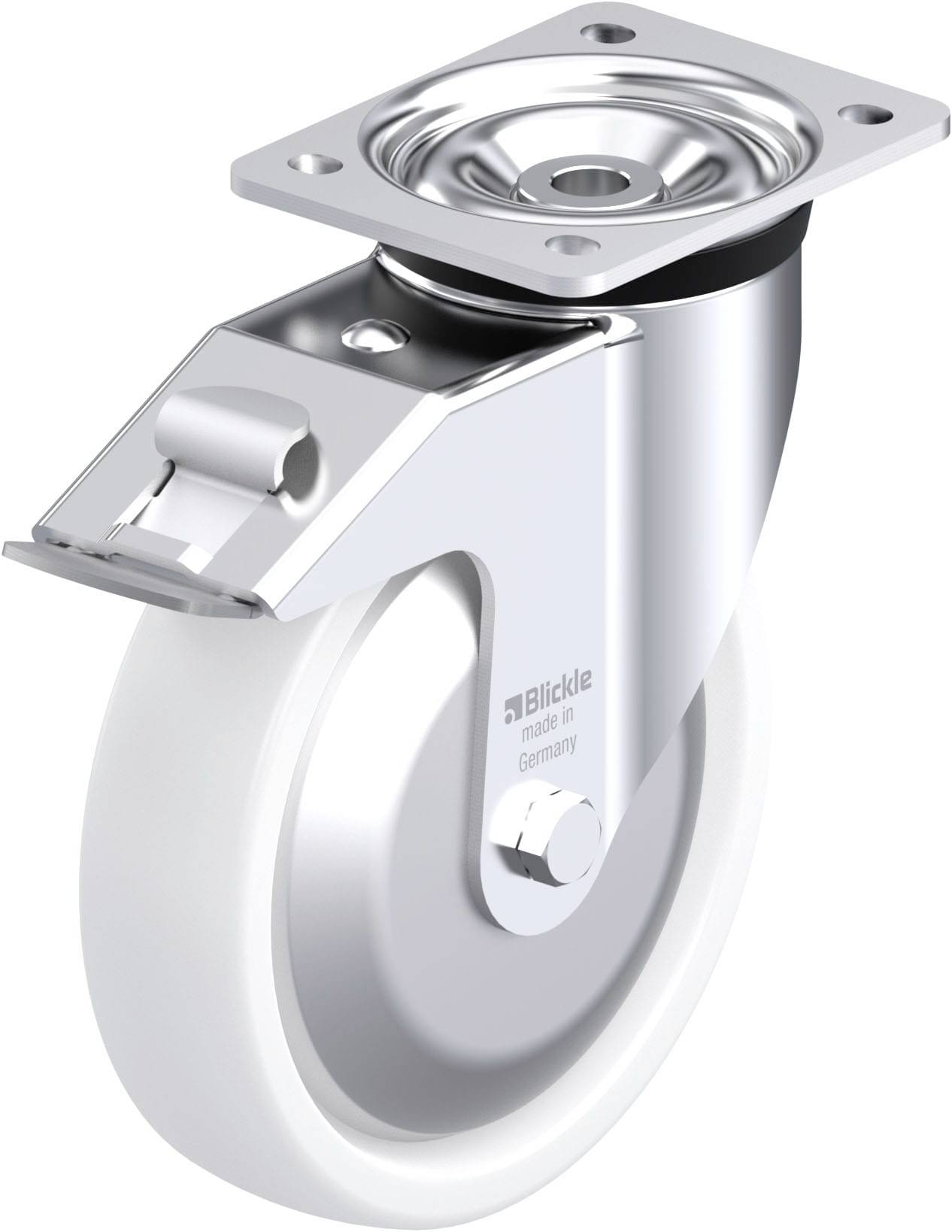 Metallisches Schwenkrollenrad mit Befestigungsplatte und Bremse in Silber, nützlich für bewegliche Möbel oder Geräte.