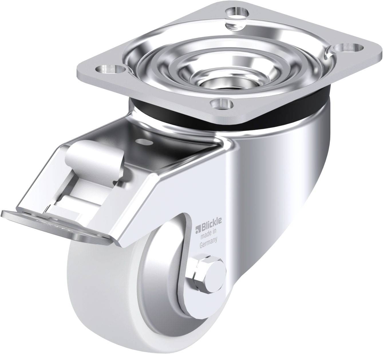 Silbernes, drehbares Möbelrad mit rechteckiger Montageplatte und feststellbarer Klappe. Verwendung für bewegliche Möbel.