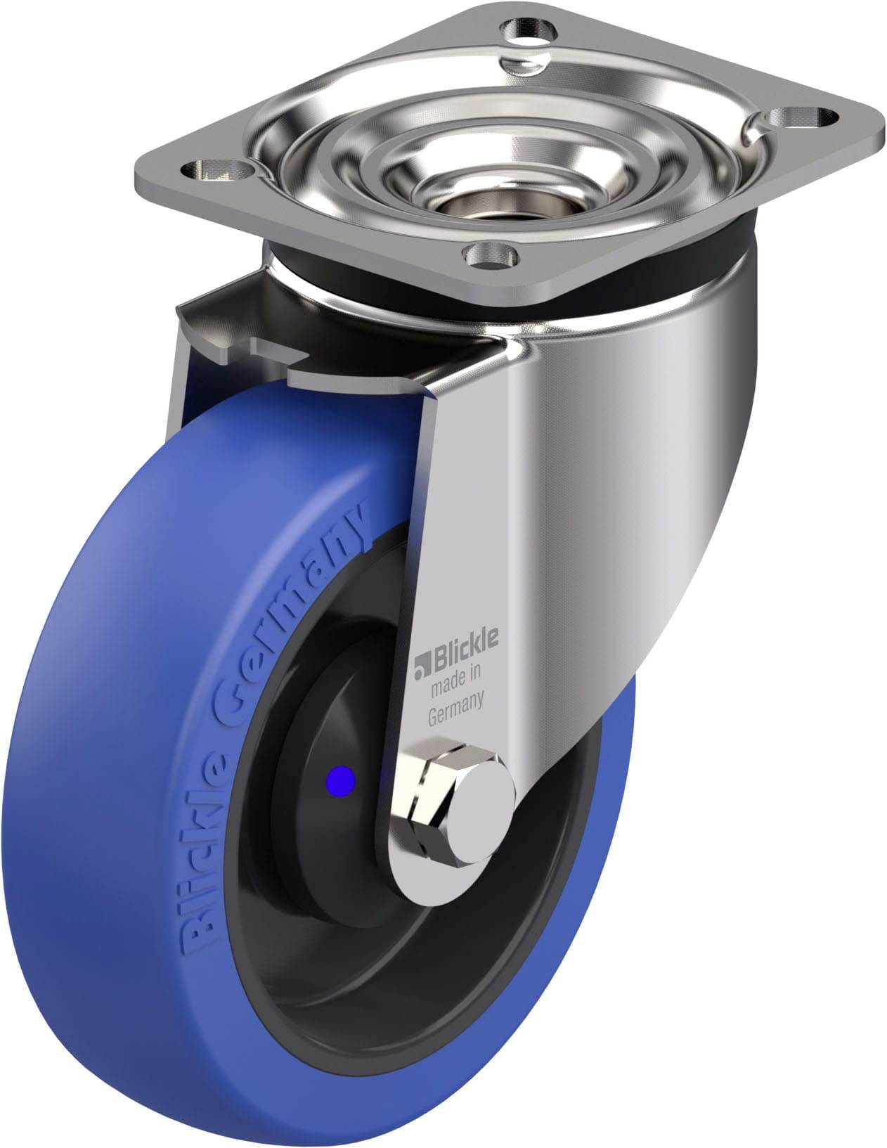Ein blaues Schwerlast-Lenkrolle mit Metallgehäuse, geeignet für industrielle Anwendungen. Markiert mit 'Blickle Germany'.