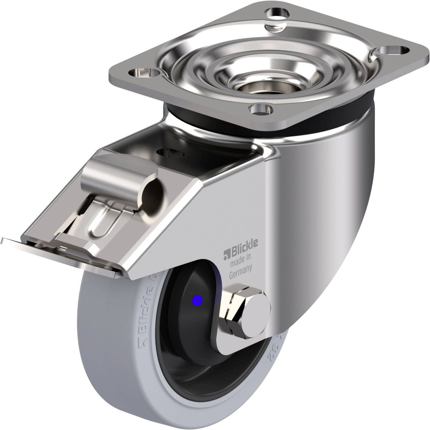 Schwenkrolle aus Metall mit grauem Rad und Befestigungsplatte; geeignet für Möbel oder Industrieausrüstung.