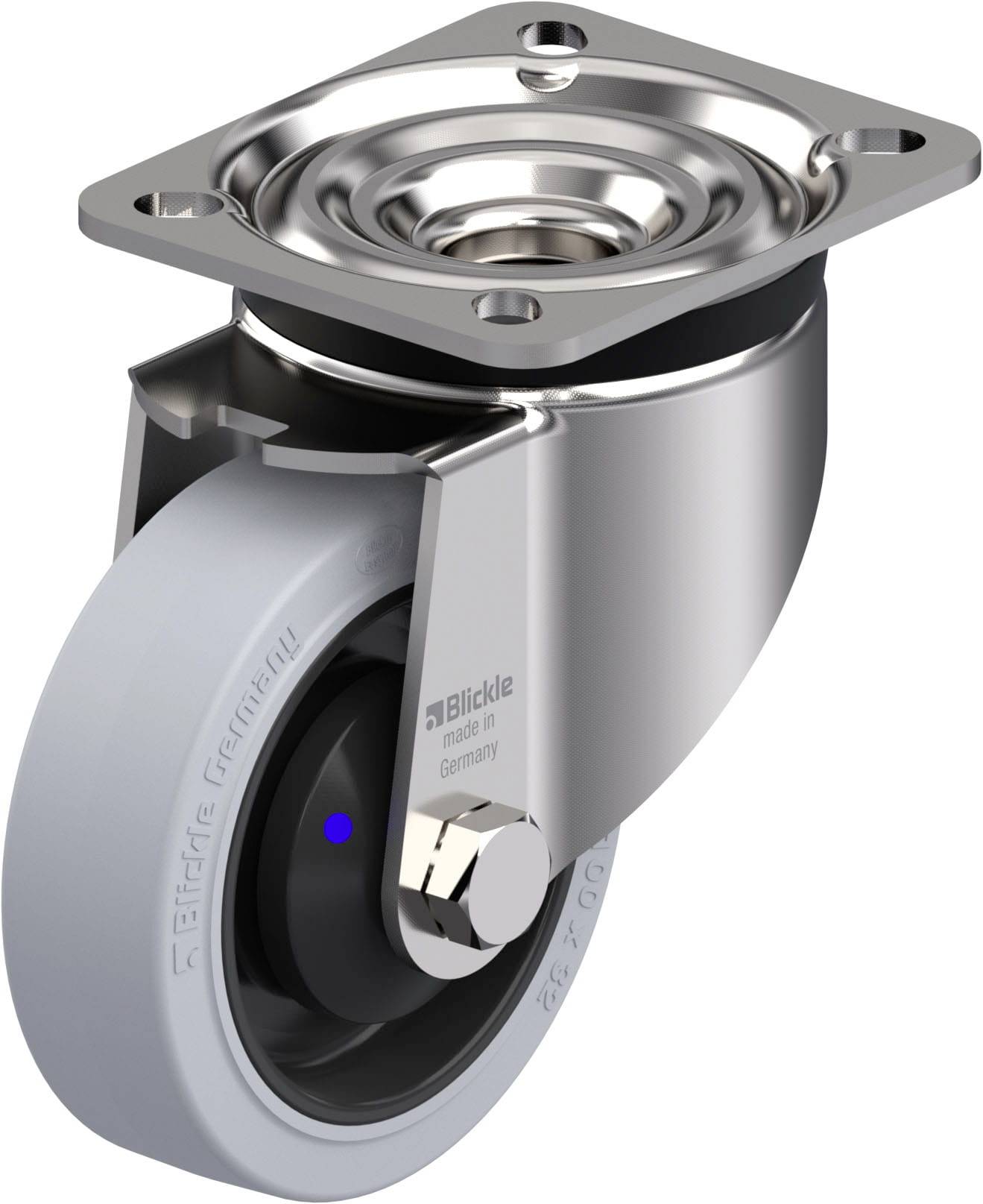 Industrie-Lenkrolle mit grauem Rad und glänzendem Metallgehäuse, geeignet für den Einsatz in Transportgeräten oder Möbeln.