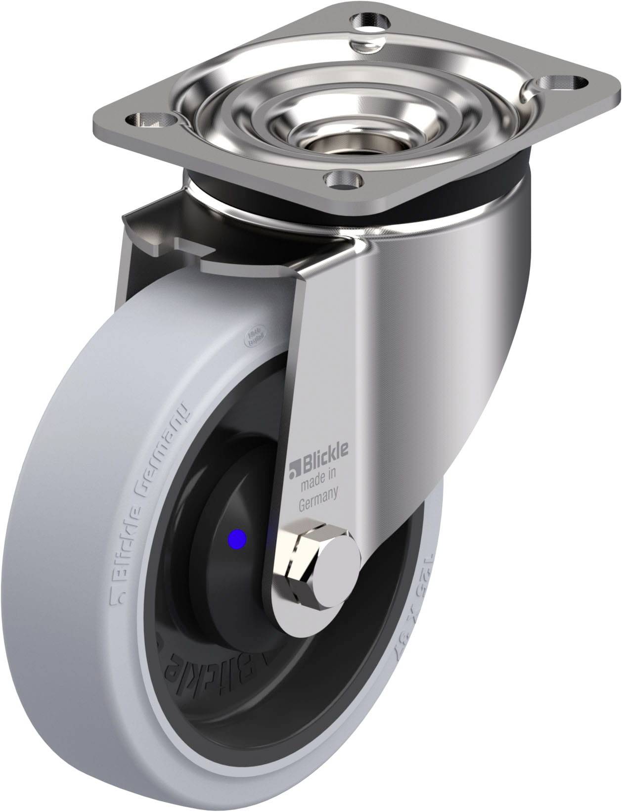 Schwenkrolle aus Edelstahl mit grauem Rad und Kugellager. Geeignet für industrielle Anwendungen.