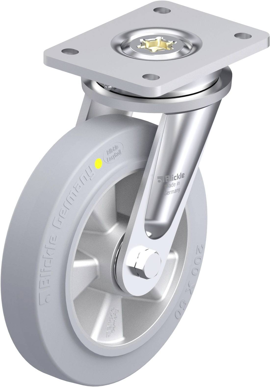Industrie-Rolle aus Metall mit grauem Gummirad und Befestigungsplatte, seitlich abgebildet.