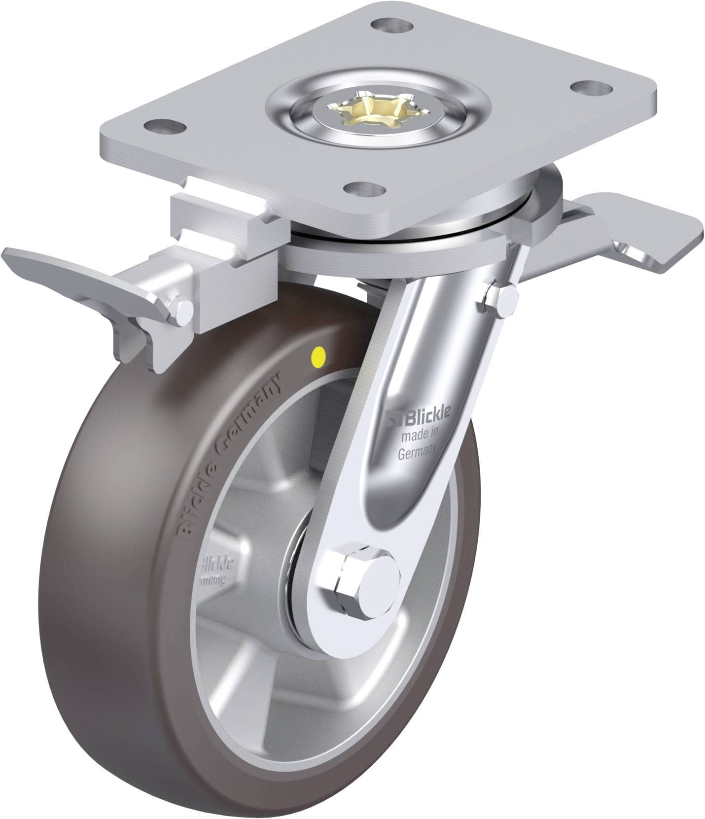 Industrielle Lenkrolle mit grauem Rad, Metallgehäuse und Feststeller, geeignet für schwere Lasten auf glatten Oberflächen.