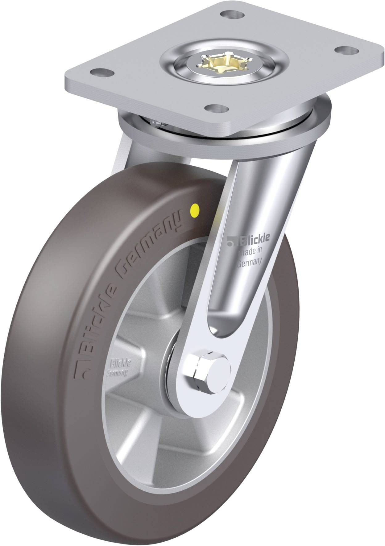 Industrie-Lenkrolle aus Metall und Kunststoff mit grauem Rad und Metallmontageplatte, designed für den Einsatz an Geräteuntergestellen.