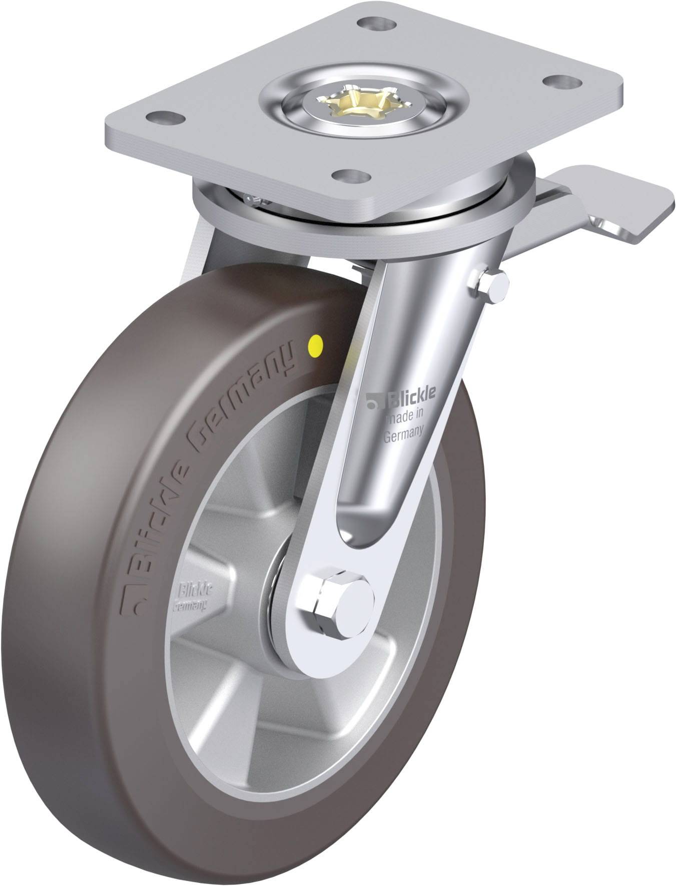 Schwenkrolle mit grauem Rad und montierter Platte, geeignet für industrielle Anwendungen.