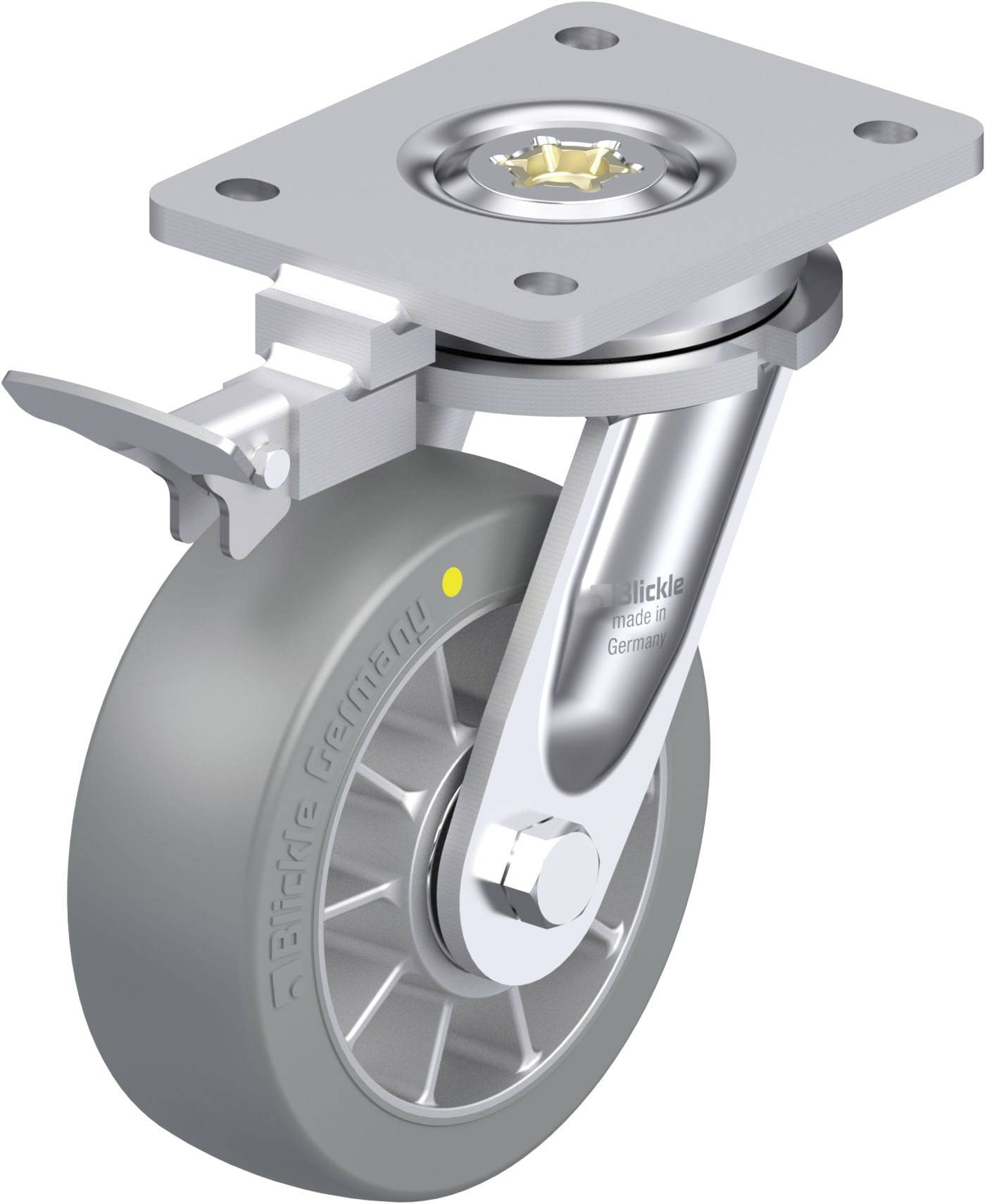 Schwenkrolle aus Metall mit grauem Rad, Halterung und Feststellbremse. Geeignet für Möbel oder Geräte mit Rollenbedarf.