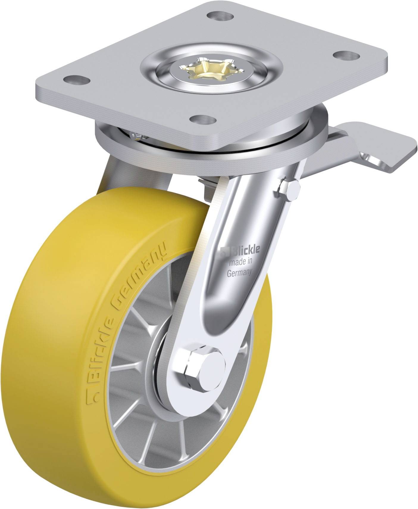 Lenkrolle mit gelbem Rad und Metallhalterung. Geeignet für schwere Lasten. Made in Germany.