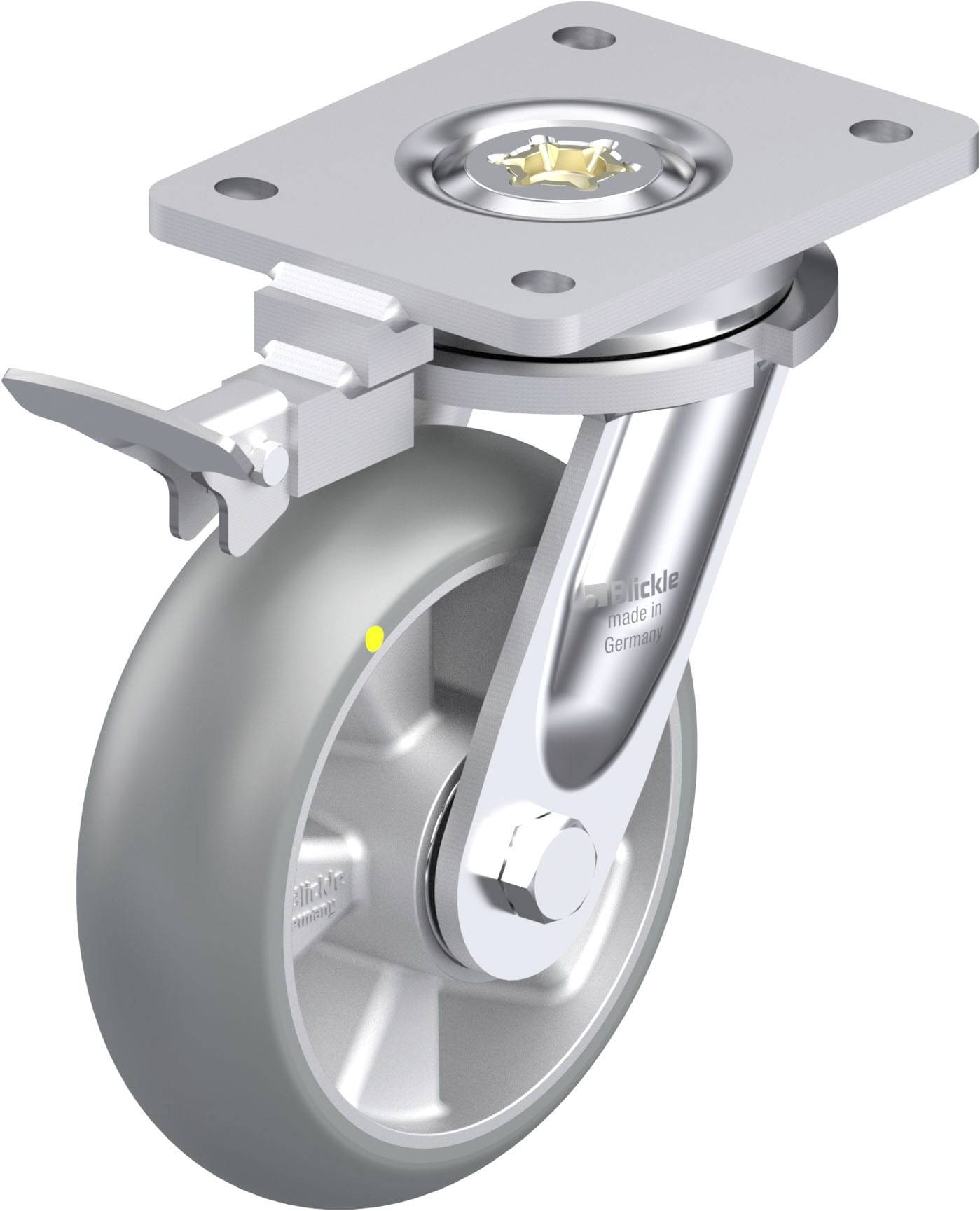 Graue Lenkrolle mit Bremse, montierbare Metallplatte und sichtbarer Schraube für einfache Befestigung, geeignet für schwere Lasten.