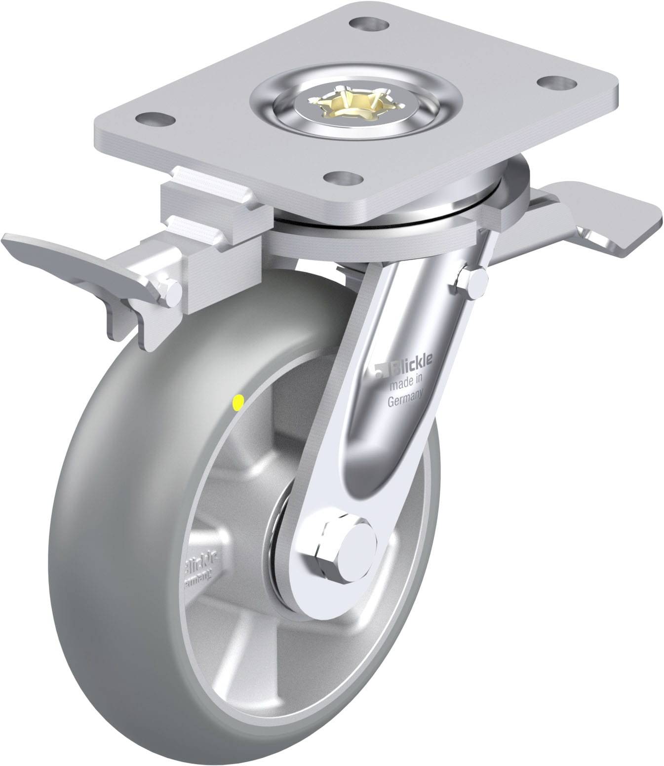 Industrielle Lenkrolle aus Metall mit grauem Rad und Halterung. Enthält ein Bremssystem. Geeignet für schwere Lasten.