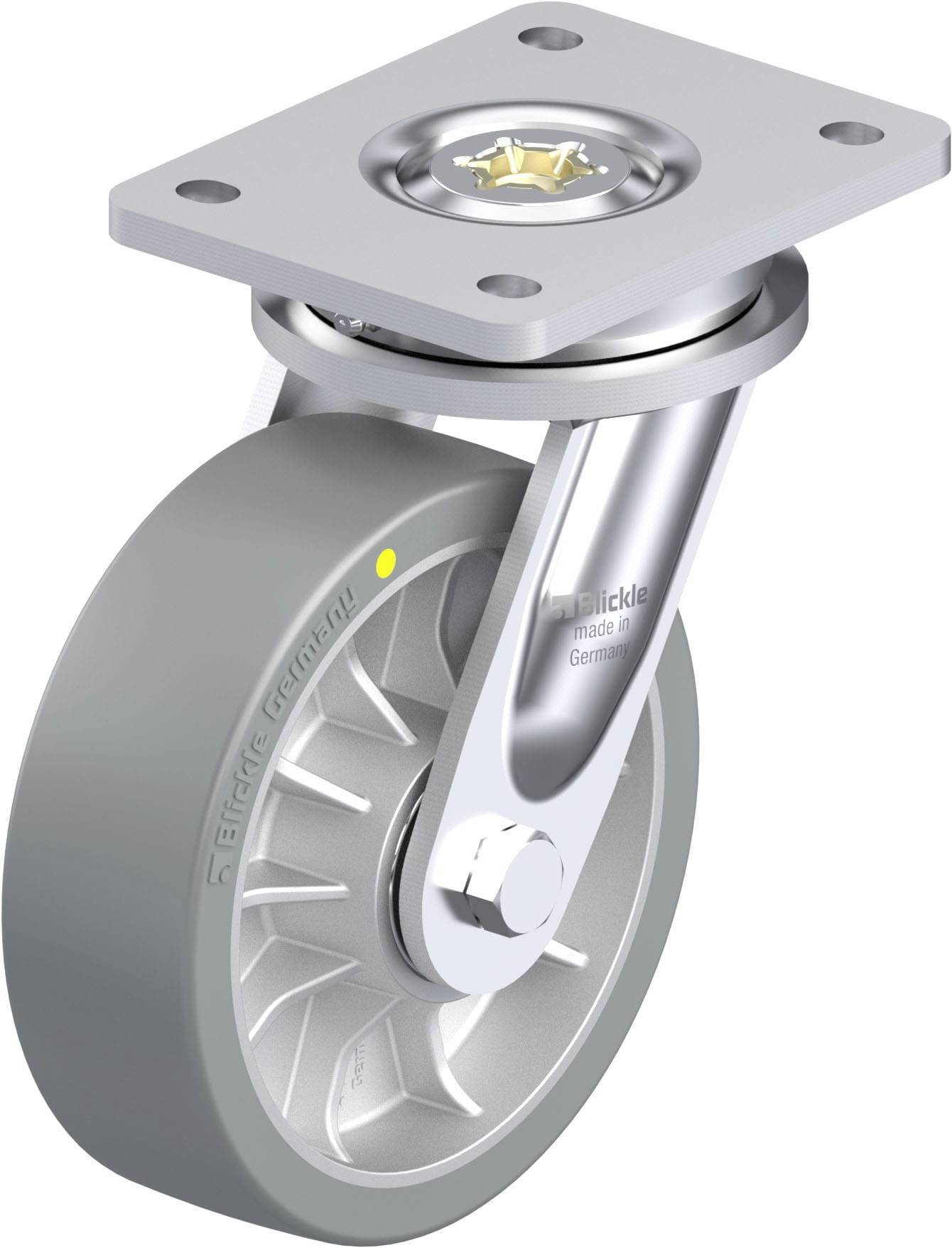 Graue Lenkrolle mit Metallplatte zur Befestigung. Verfügt über einen Drehmechanismus für Flexibilität in Bewegung.