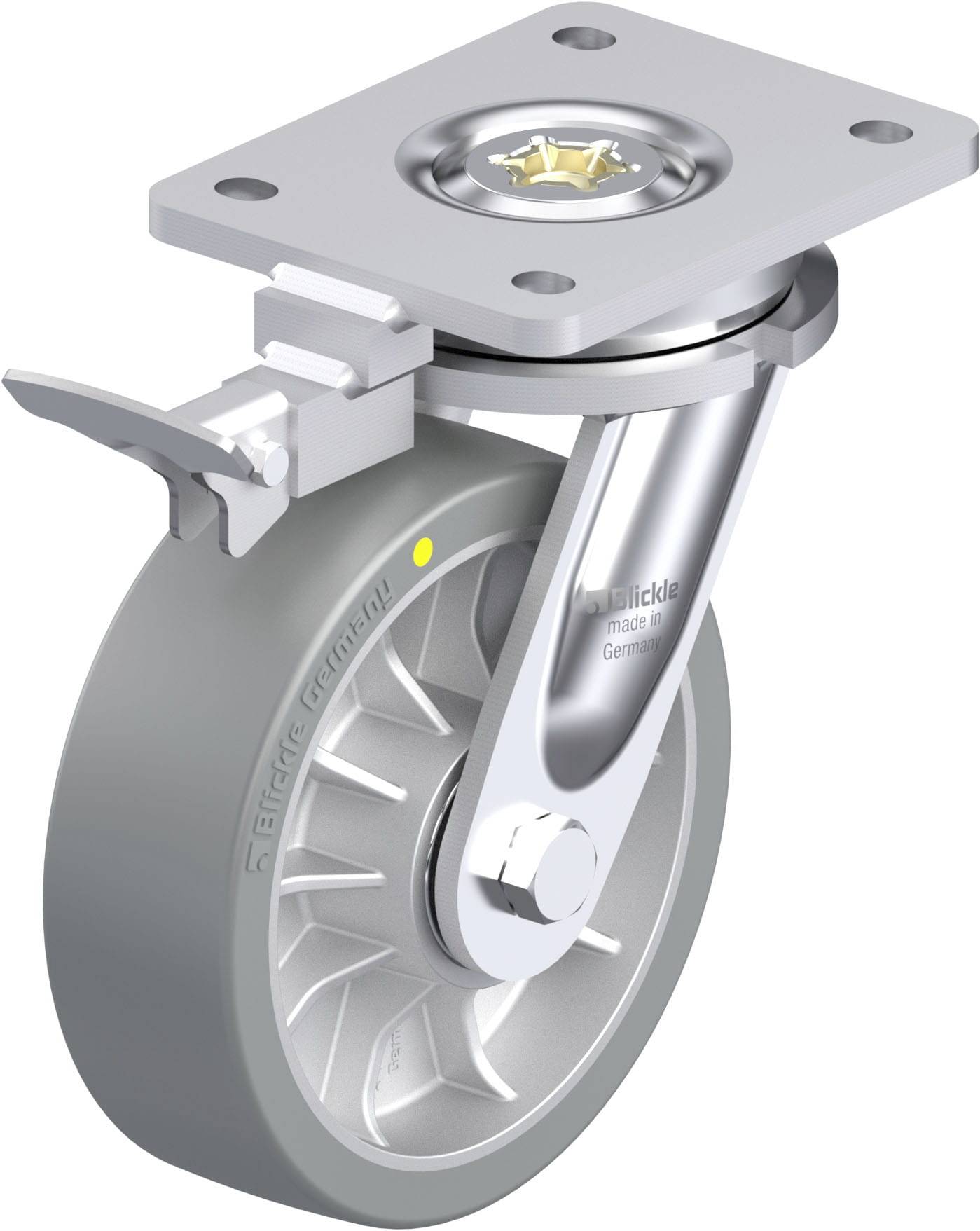 Industrie-Lenkrolle mit grauem Rad, Metallhalterung und Bremsverriegelung; geeignet für schwere Lasten und leichtes Manövrieren.